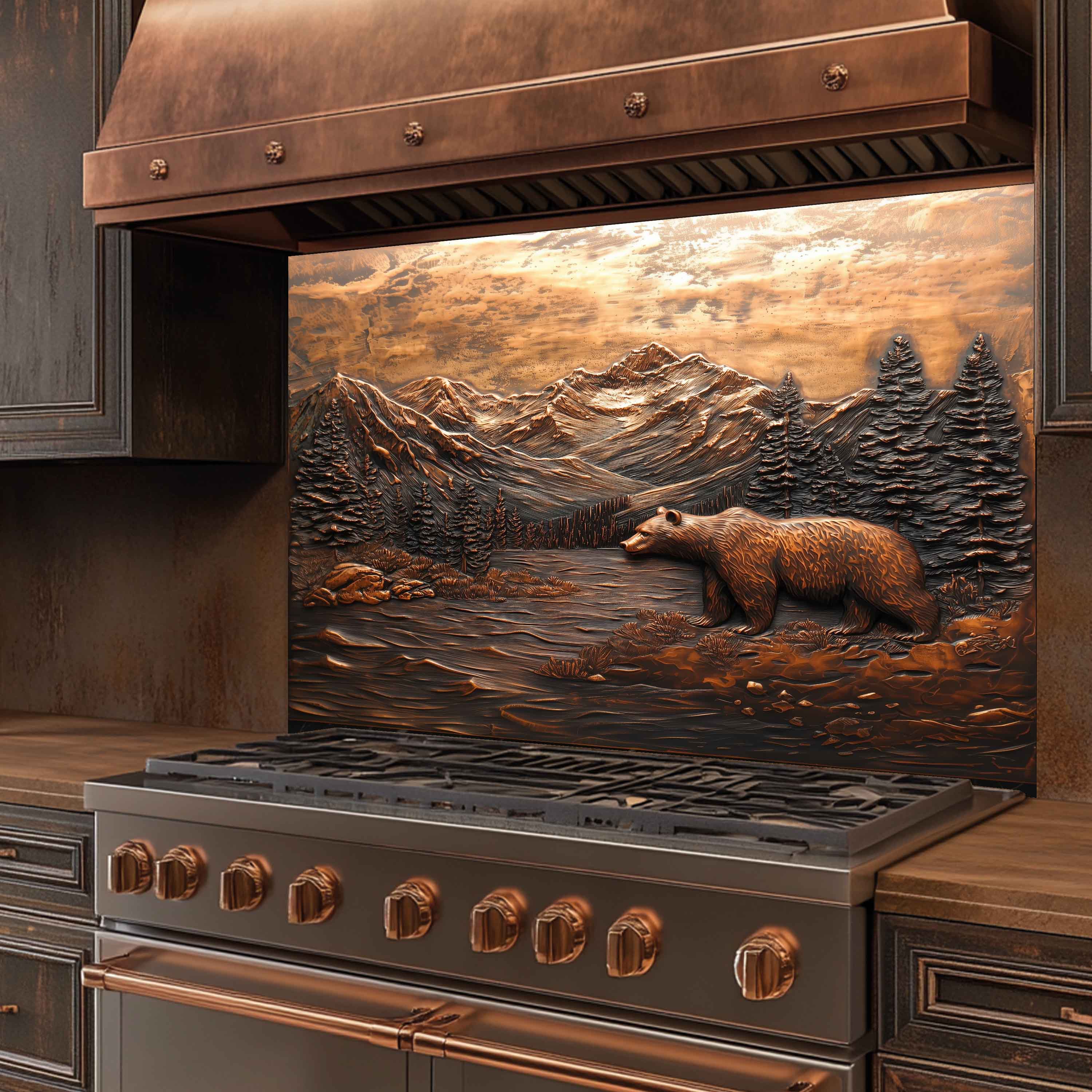 Panel antisalpicaduras de vidrio templado Valley Watcher – Panel antisalpicaduras de cocina con oso en la montaña