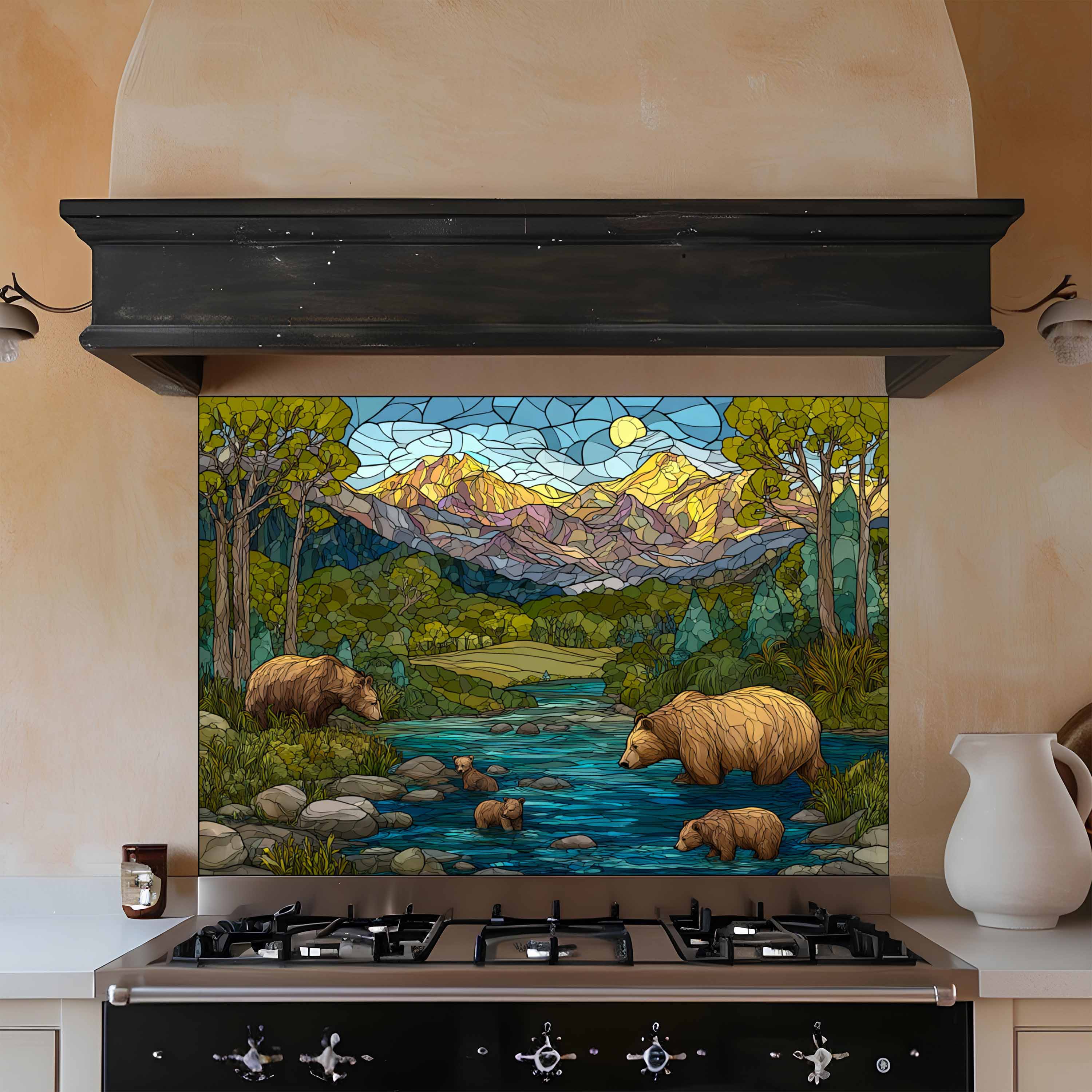 Stained Glass Look Golden Summit – Tempered Glass Backsplash For Rustic Homes