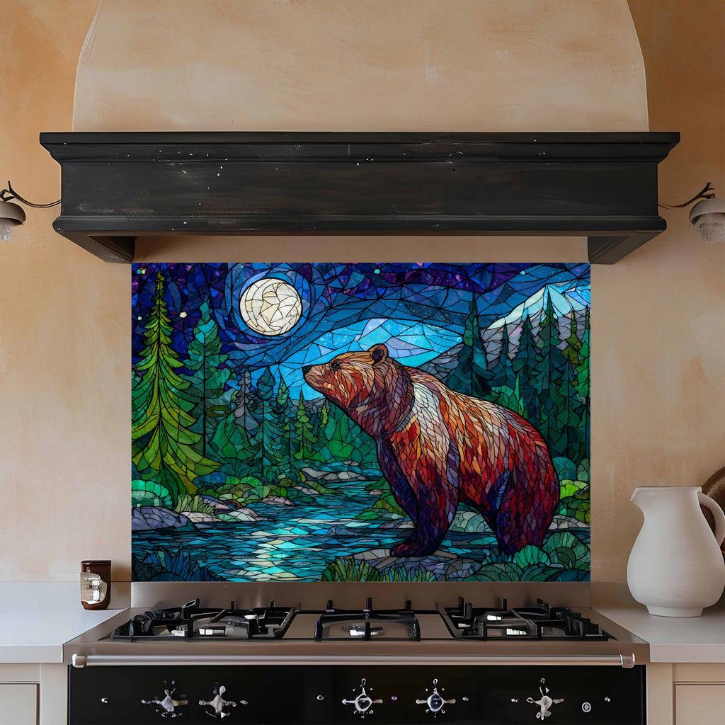 Salpicadero de cocina con diseño de oso nocturno estilo vidriera en mosaico "Moonlit Strength"