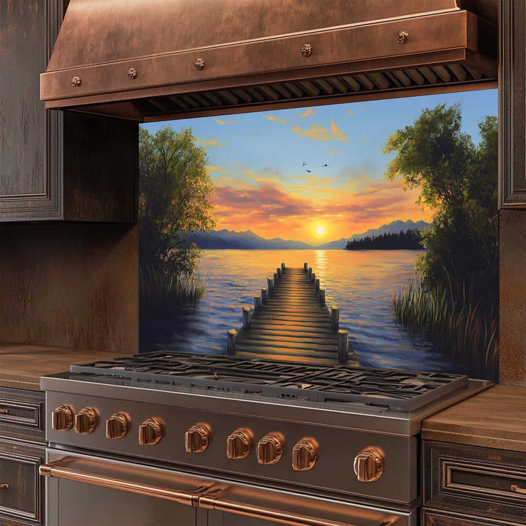 Golden Dock – Tempered Glass Backsplash for Kitchen Stove | Lakeside Sunset Backsplash