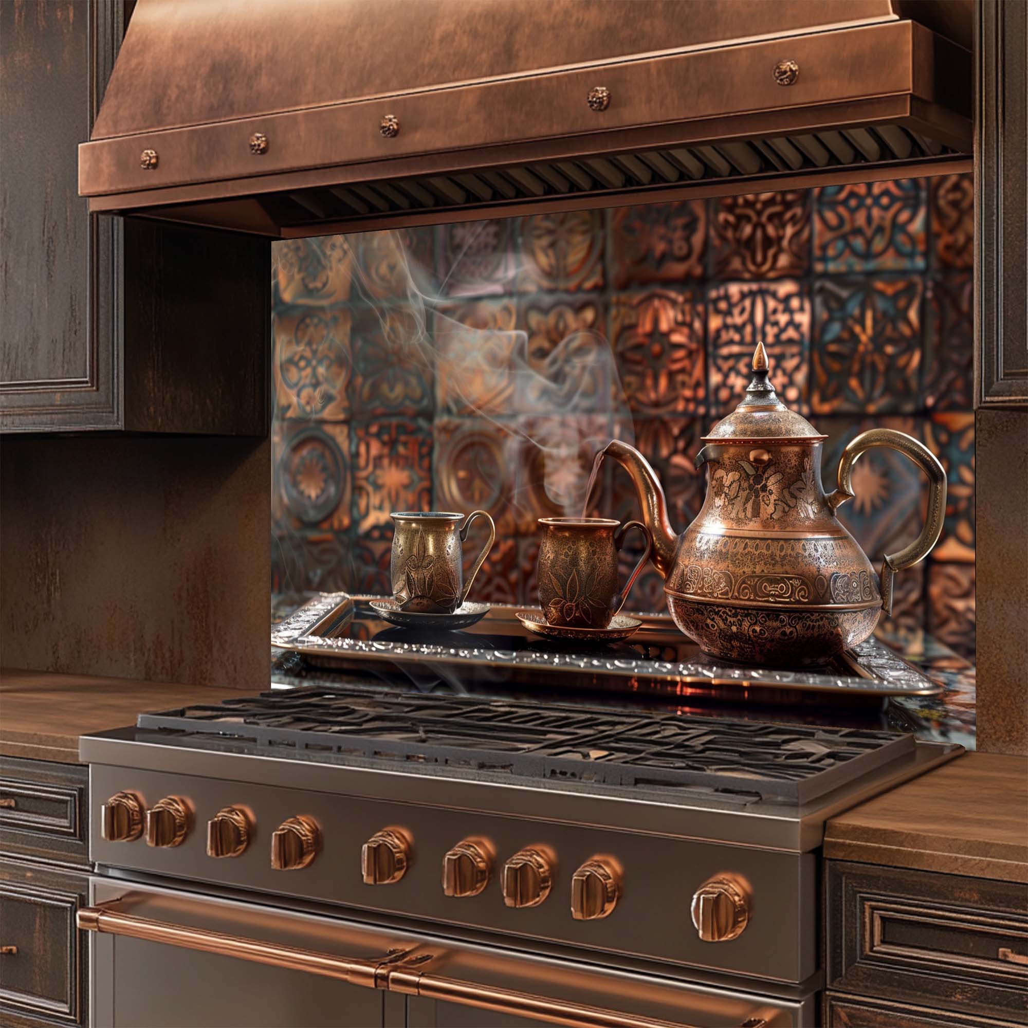Copper Coffee Ritual – Tempered Glass Backsplash | Turkish Coffee Set Kitchen Backsplash