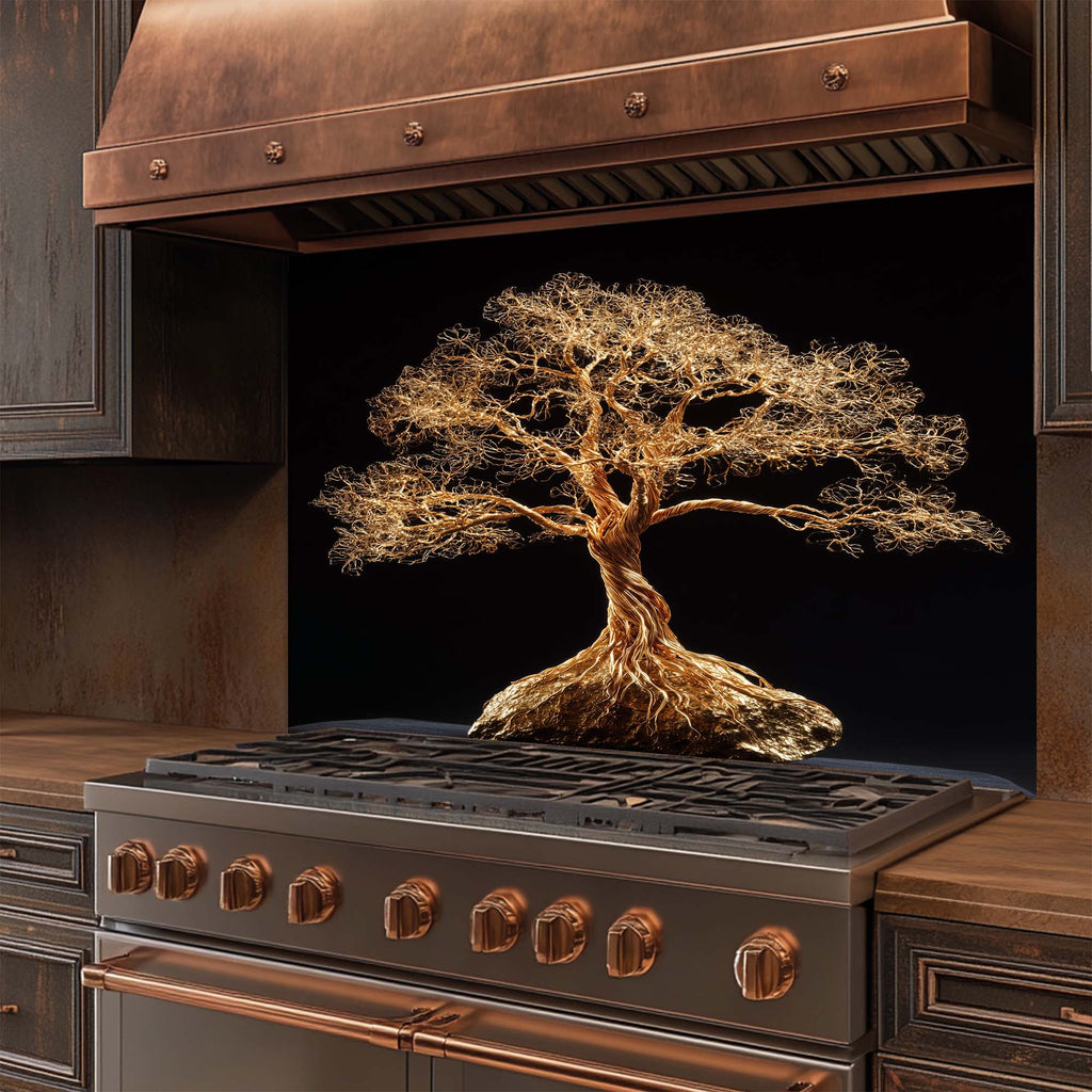 Golden Root – Tempered Glass Backsplash for Kitchen | Tree of Life in Gold Wire Style Backsplash