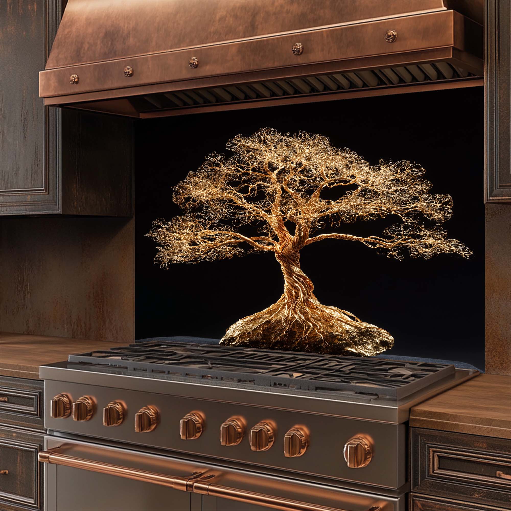 Golden Root – Tempered Glass Backsplash for Kitchen | Tree of Life in Gold Wire Style Backsplash