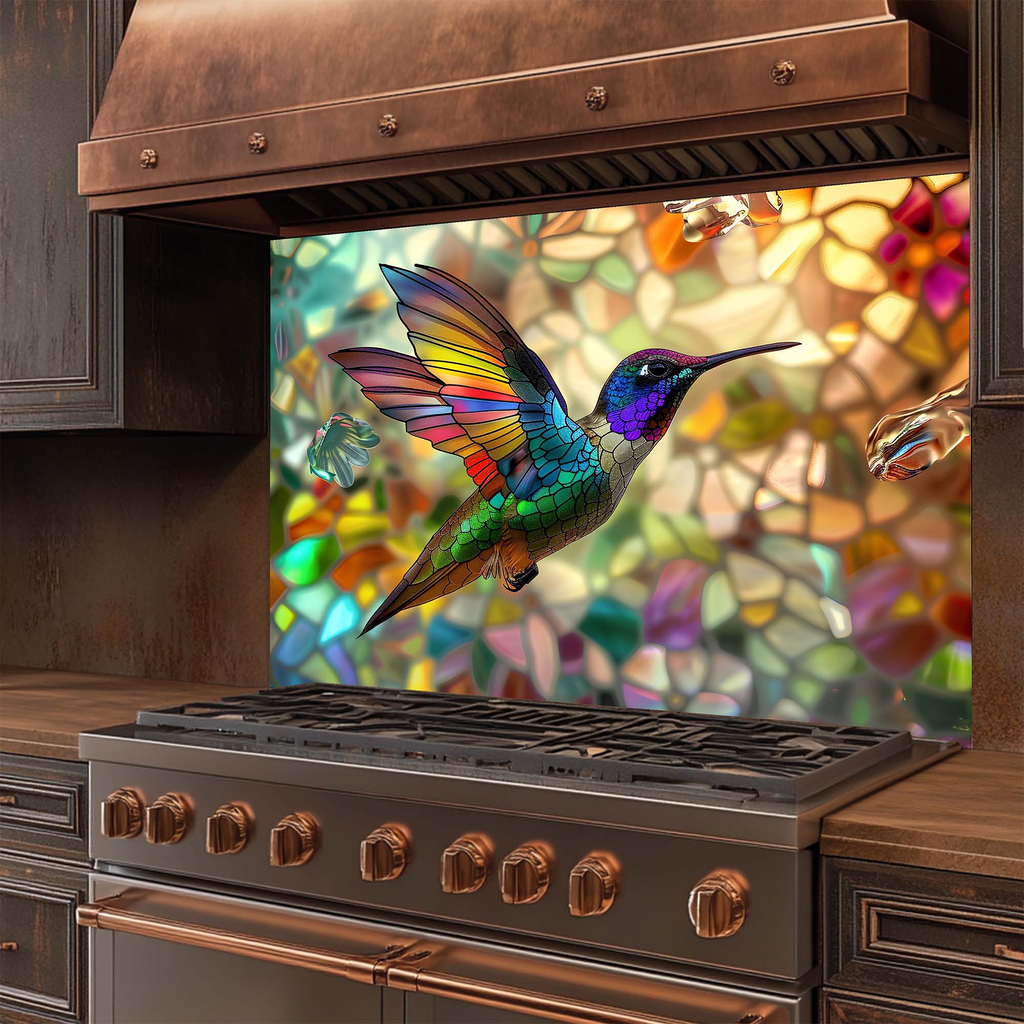 Armonía de Colibrí – Salpicadero de Cocina de Cristal Templado – Salpicadero con Aspecto de Vidriera