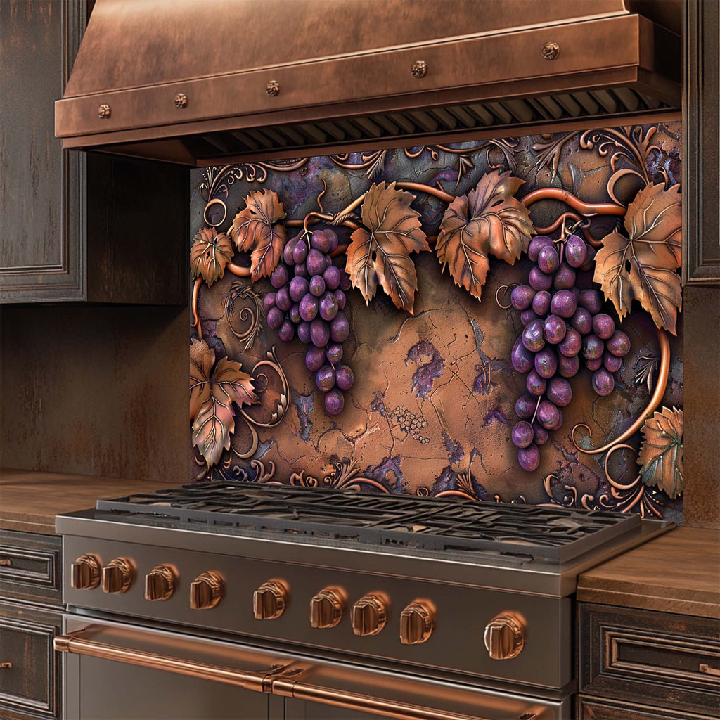 Tuscan Grape – Tempered Glass Backsplash for Kitchen | Copper Look Vineyard Backsplash