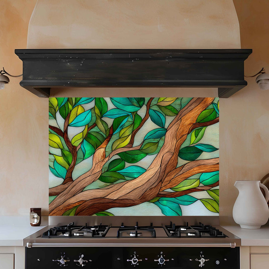 Abrazo Forestal – Protector contra Salpicaduras de Cristal Templado para Cocina | Vitral Inspirado en la Naturaleza