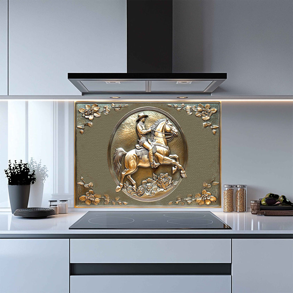 Salpicadura de vidrio templado Cobre Rider – Salpicadero de cocina vaquero del oeste