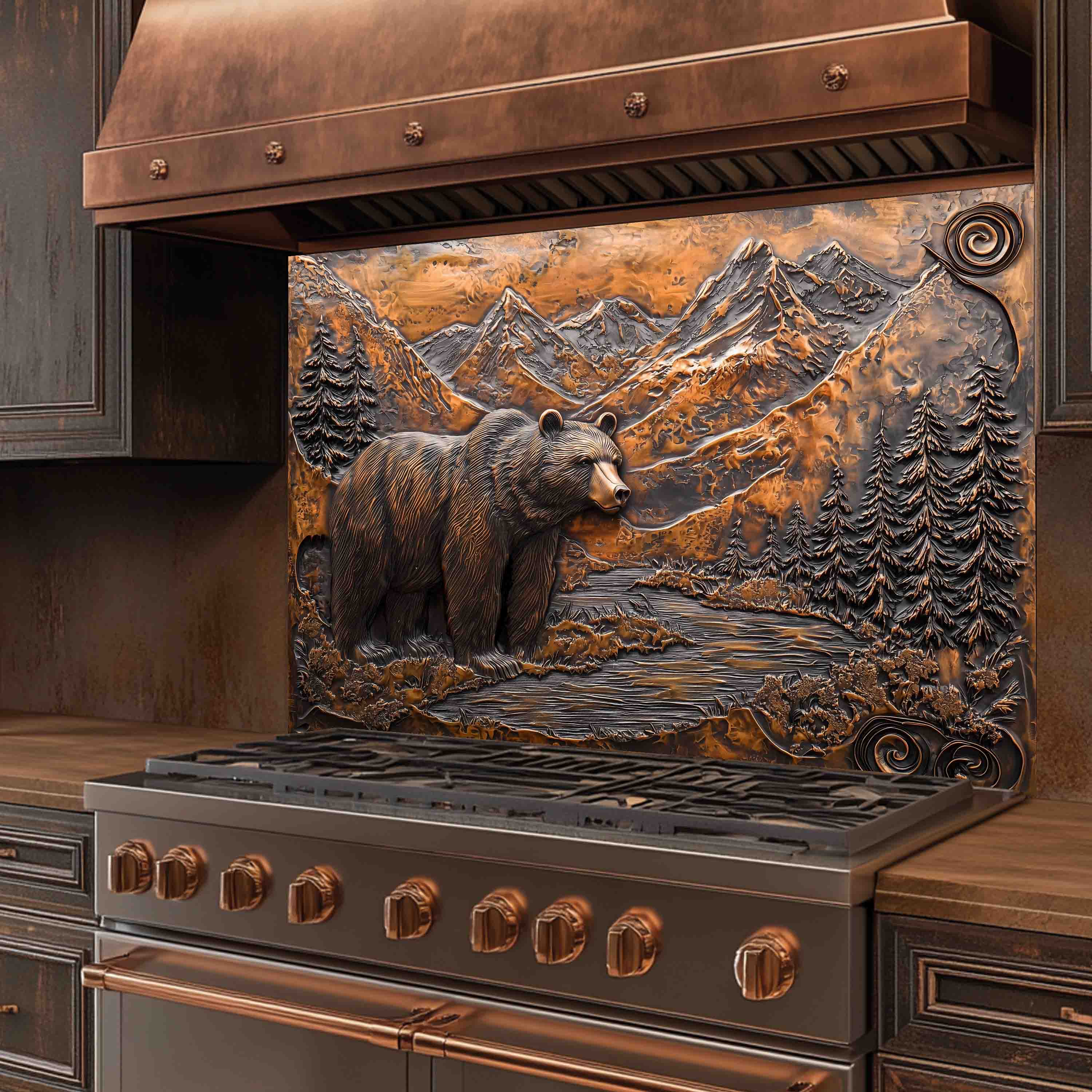 Salpicadero de Cristal Templado Estilo Rústico – Panel de Cocina Oso y Río de Montaña