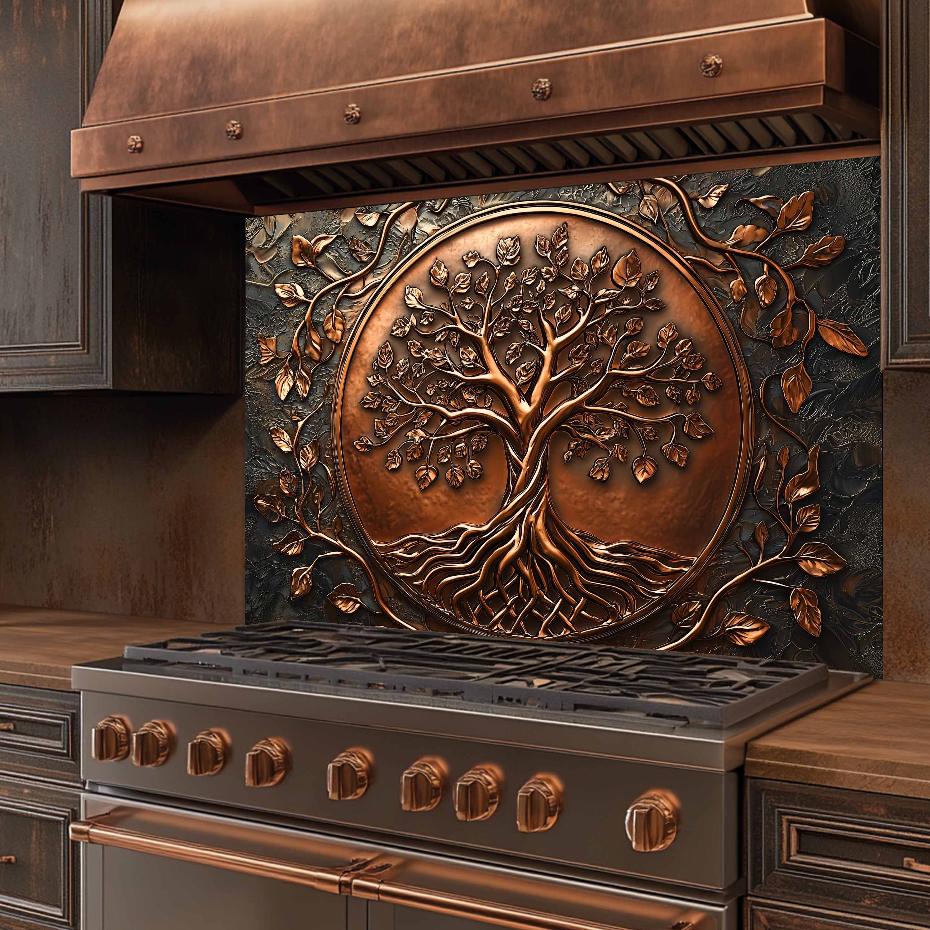 Protector contra salpicaduras de cocina personalizado – Árbol con aspecto de cobre Protector de salpicaduras para estufa de vidrio templado