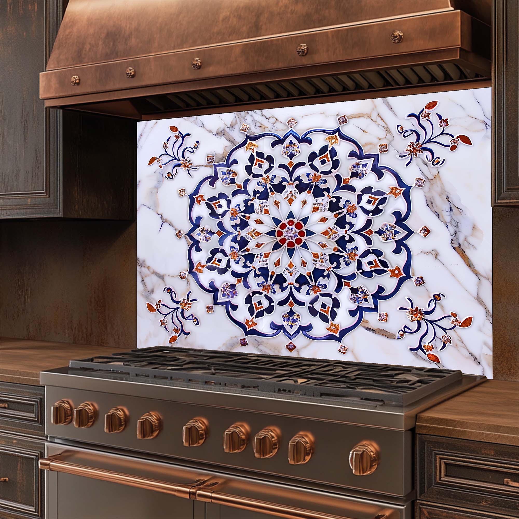 Mosaico Imperial – Salpicadero de cristal templado para cocina – Salpicadero Mandala Azul y Oro