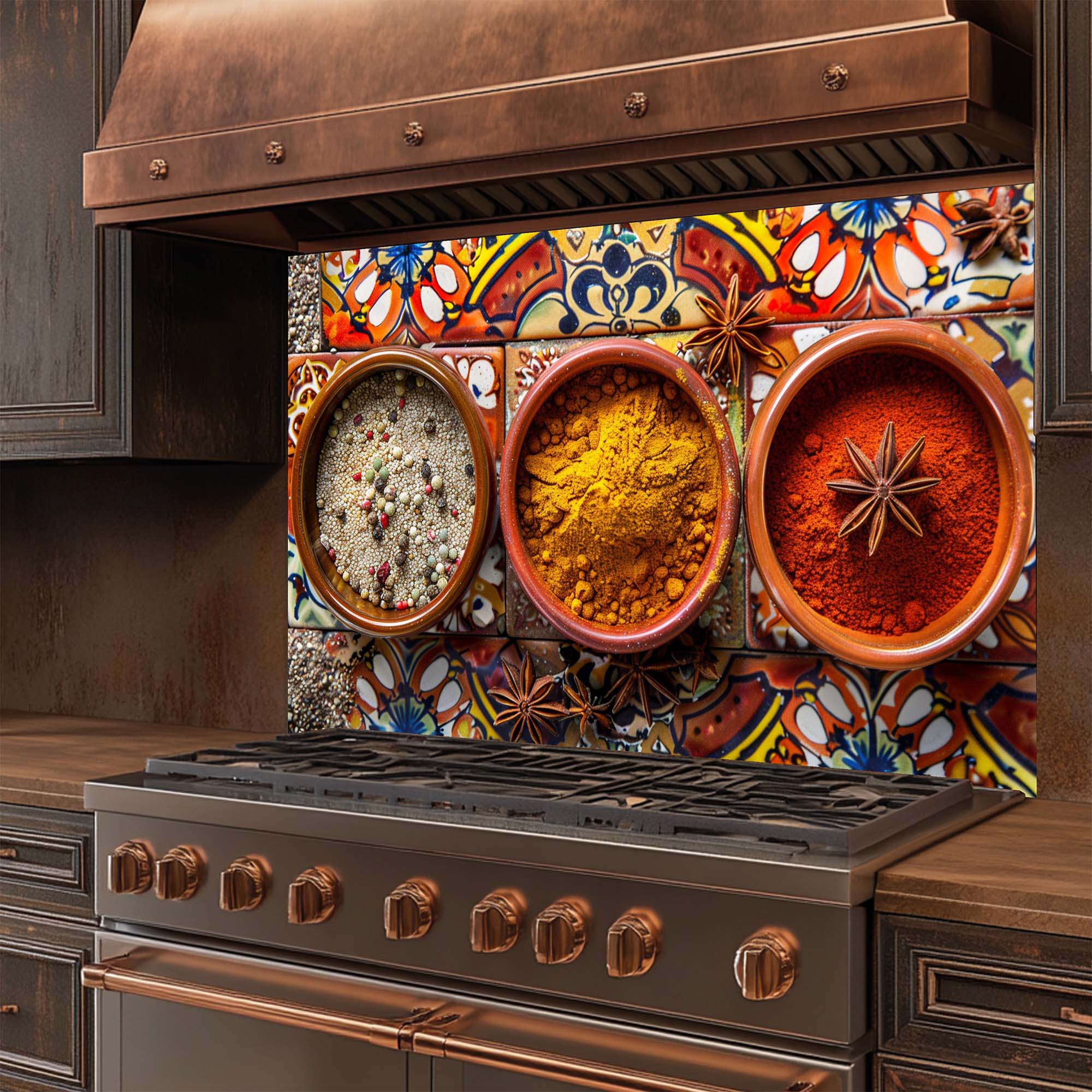 Spice Harmony – Tempered Glass Backsplash for Kitchen | Colorful Spice Bowls Backsplash