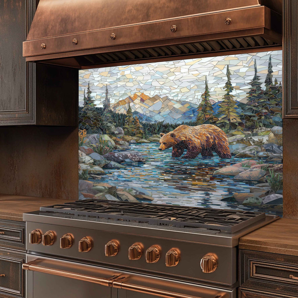Mosaic Look Creek Tempered Glass Backsplash – Artistic Bear & River Scene