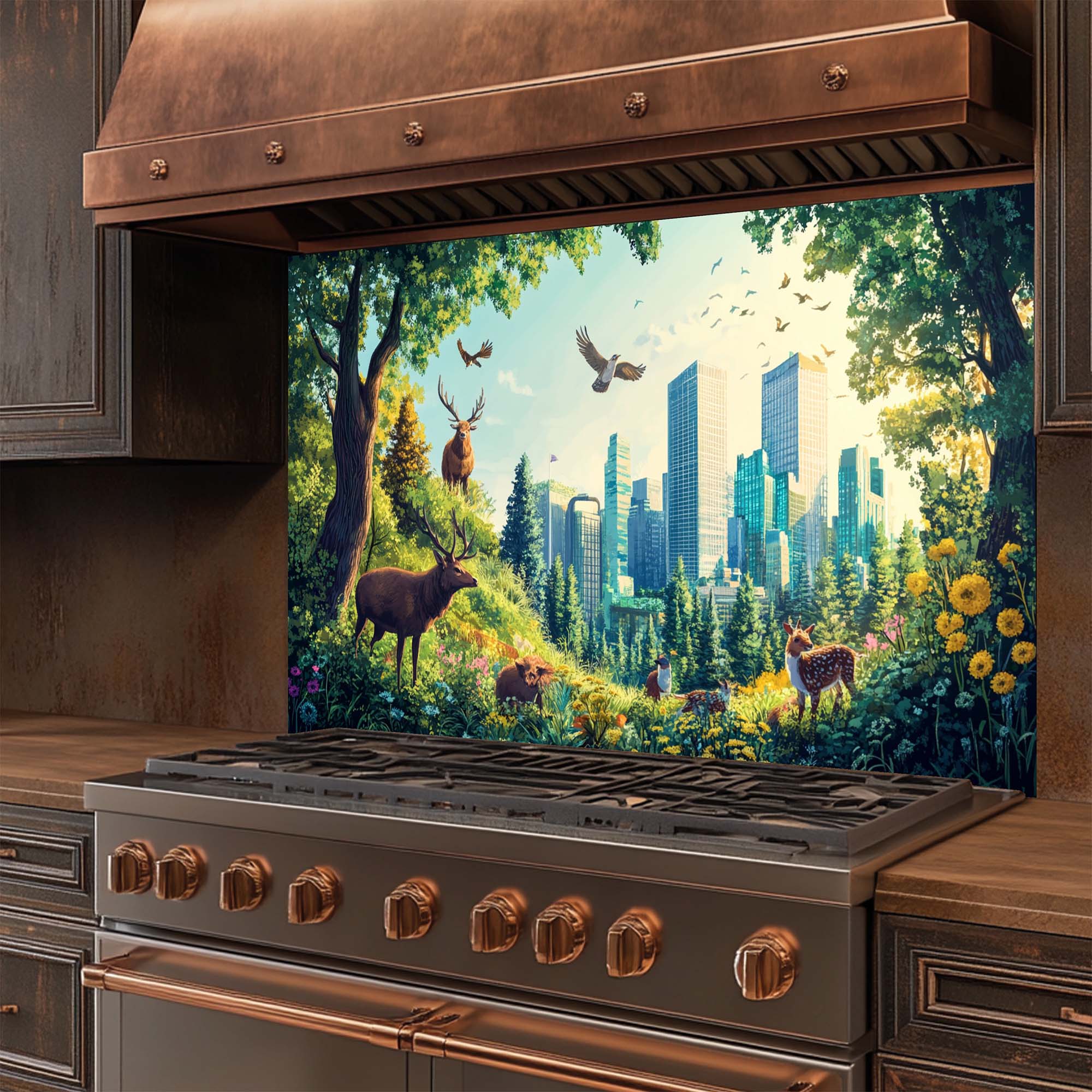Emerald Haven – Salpicadero de Cristal Templado para Cocina | Salpicadero Vibrante de Bosque Urbano