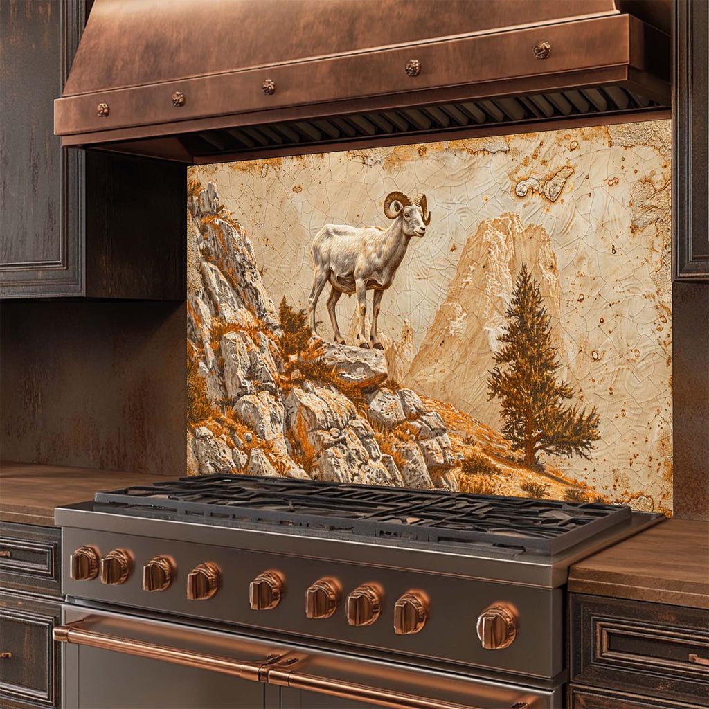 Mountain Pride – Protector contra salpicaduras de vidrio templado para cocina | Protector contra salpicaduras de carnero salvaje en acantilado rocoso