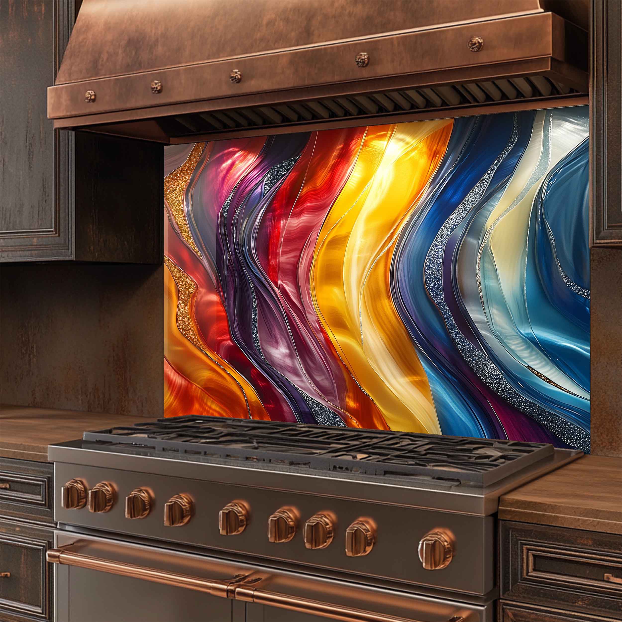 Aurora Waves Salpicadero de cristal templado – Panel de pared de cocina moderno abstracto personalizado