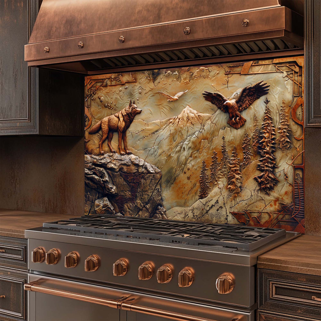 Águila Lobo – Salpicadero de cristal templado para cocina | Salpicadero bronceado con lobo y montaña
