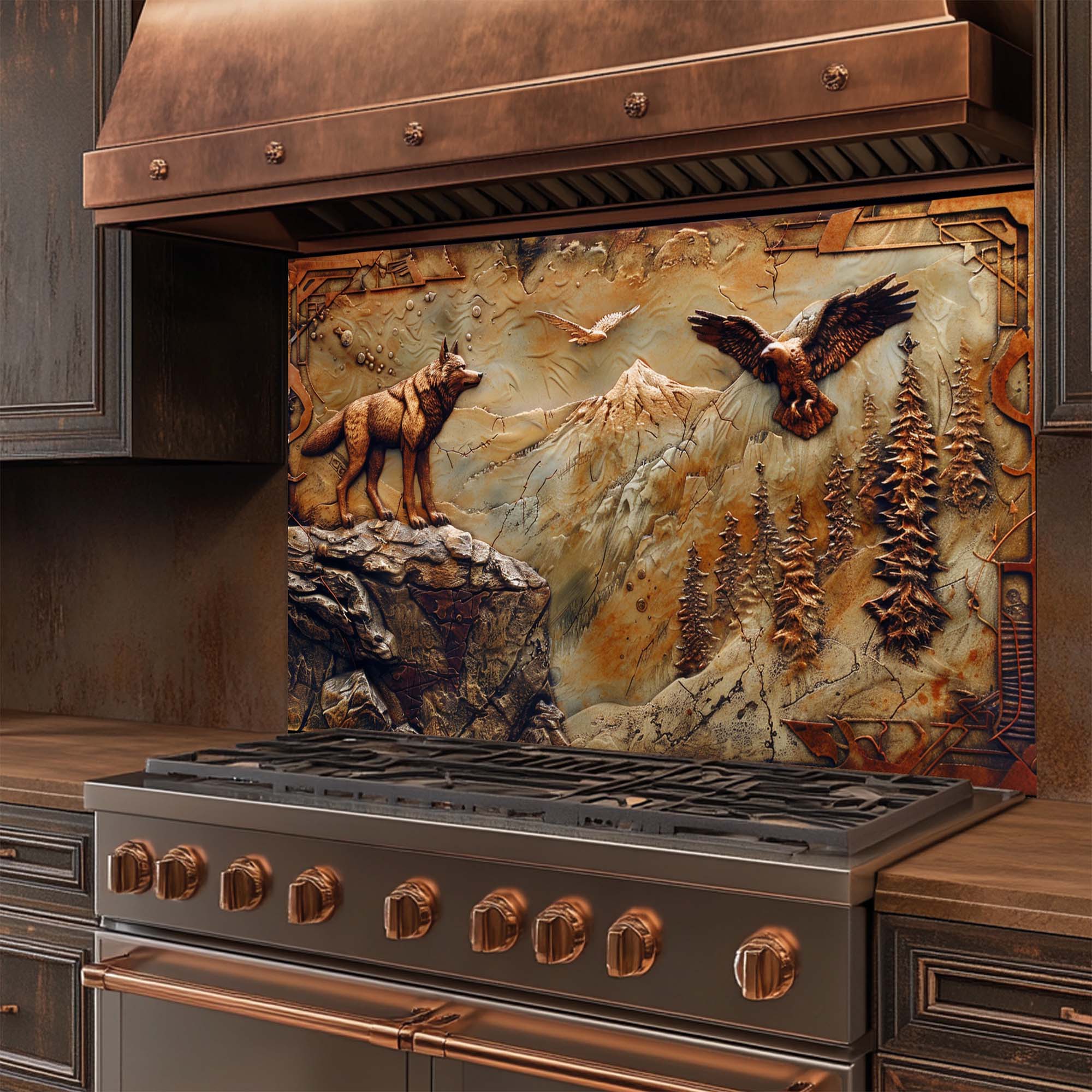 Águila Lobo – Salpicadero de cristal templado para cocina | Salpicadero bronceado con lobo y montaña