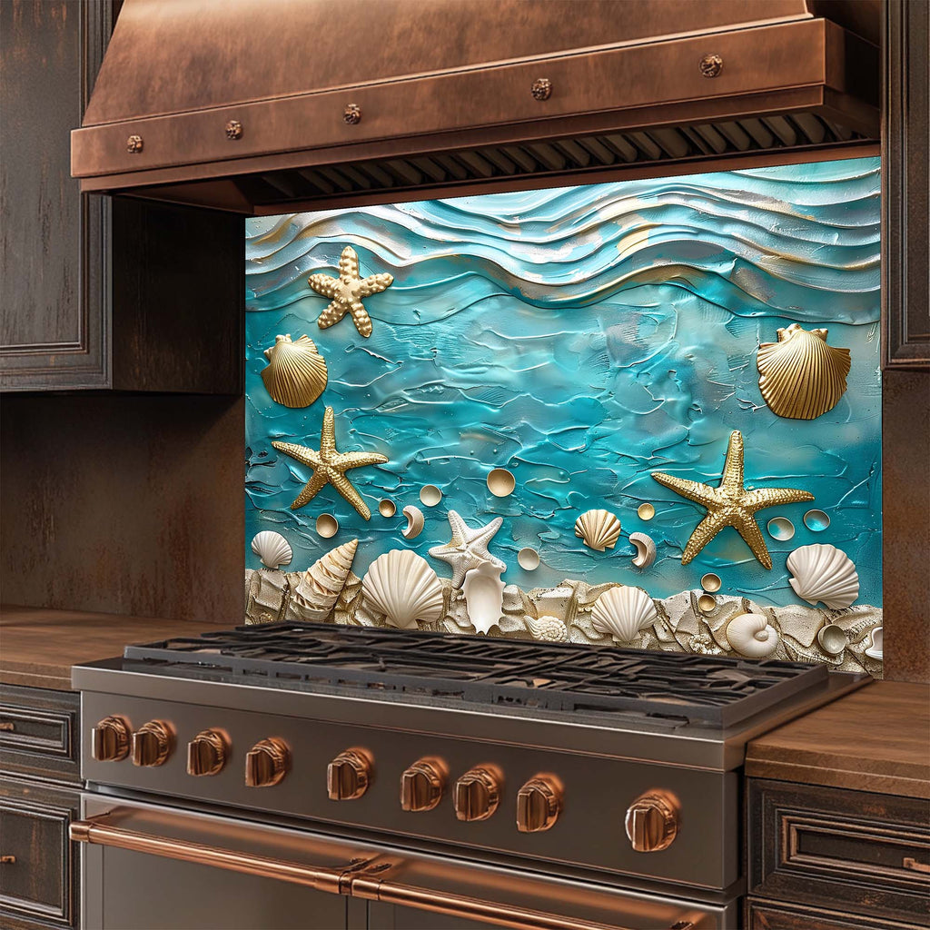 Ocean Breeze – Salpicadero de Cristal Templado para Cocina – Salpicadero de Conchas Marinas Costeras