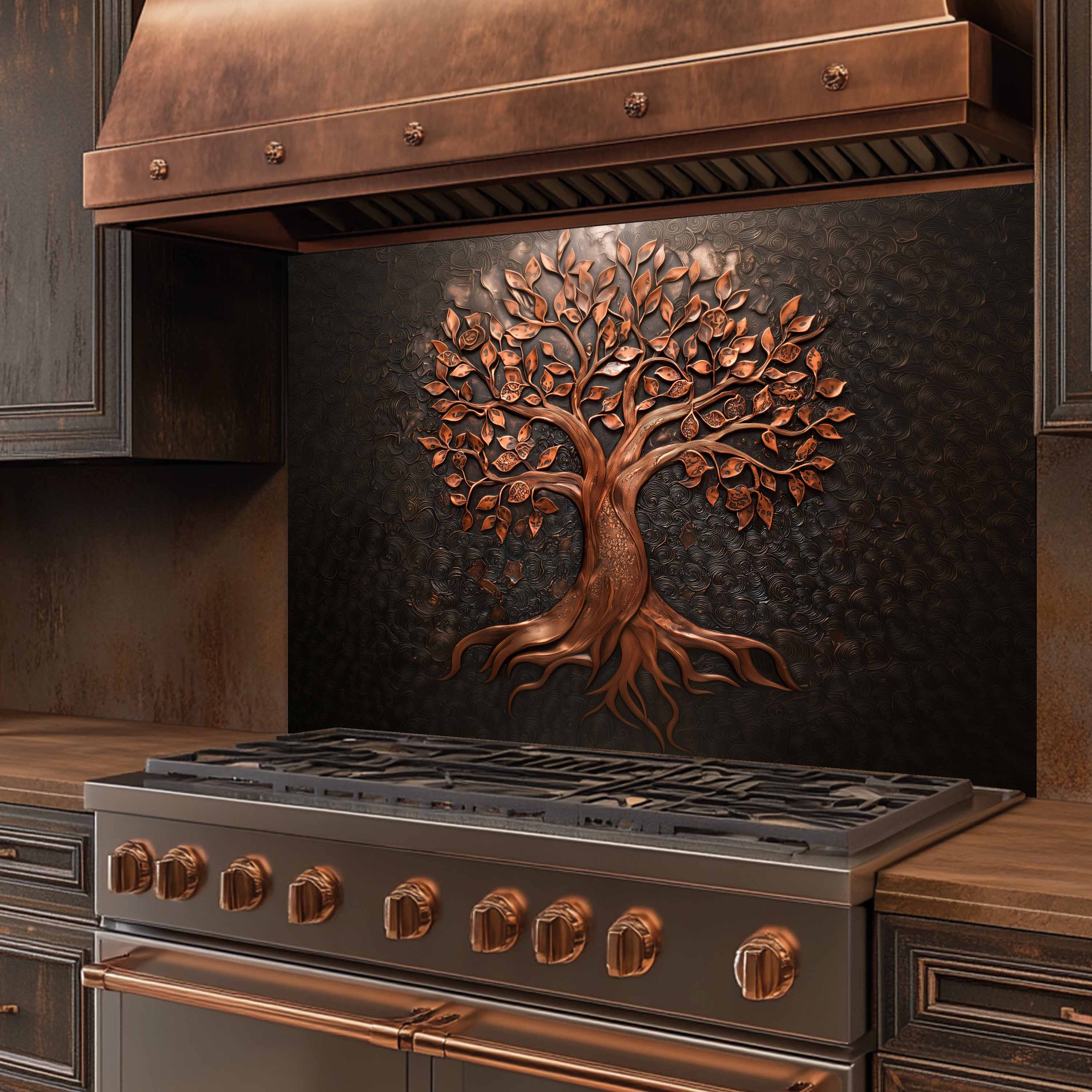 Bronze Tree of Life Tempered Glass Backsplash – Elegant Nature-Inspired Kitchen Art