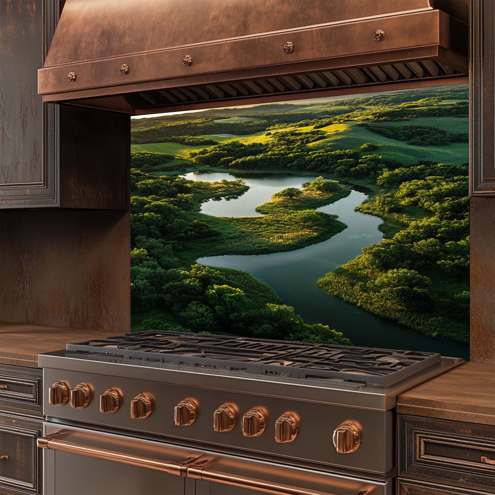 Emerald Flow – Tempered Glass Backsplash for Kitchen | Serene River Landscape Backsplash