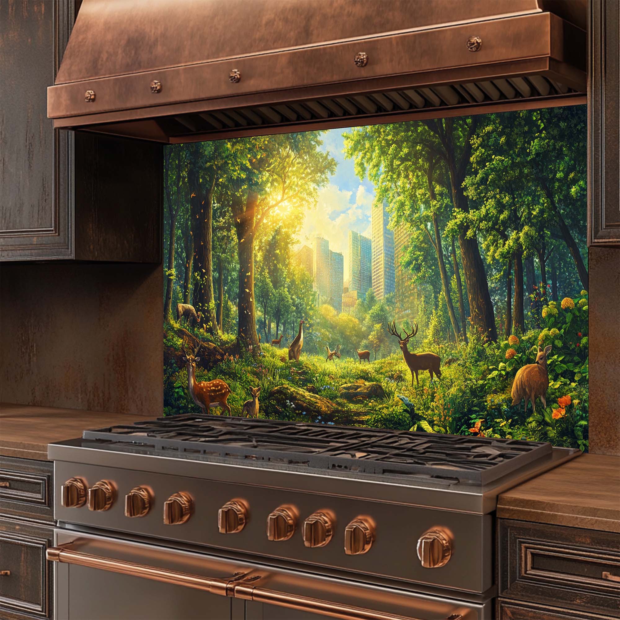 Urban Eden – Tempered Glass Backsplash for Kitchen | Nature & Urban Contrast Backsplash