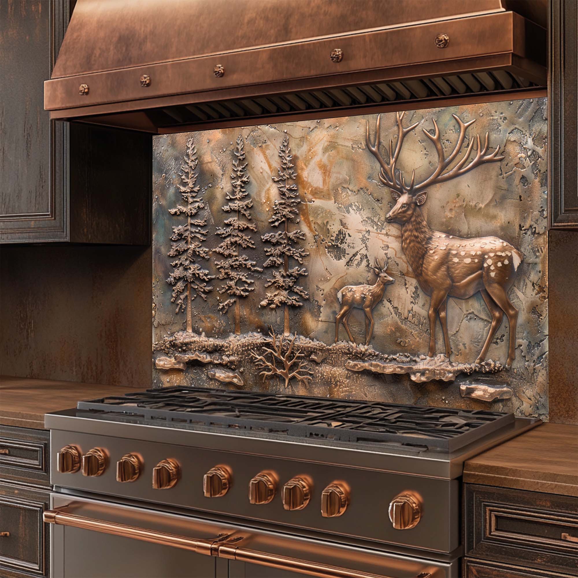 Bronze Elk Scene – Tempered Glass Backsplash for Kitchen | Forest Deer Stove Backsplash