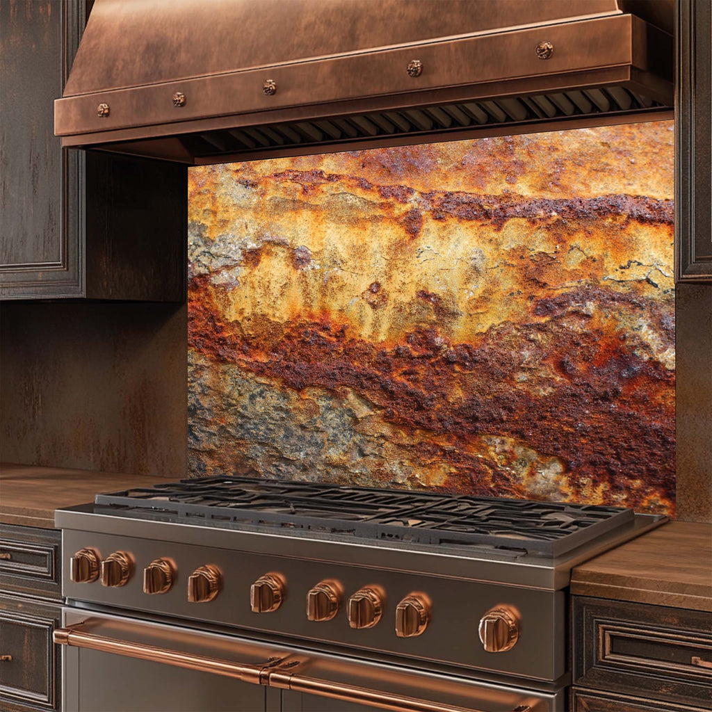 Rust Flow – Tempered Glass Backsplash | Industrial Abstract Copper Look Kitchen Backsplash