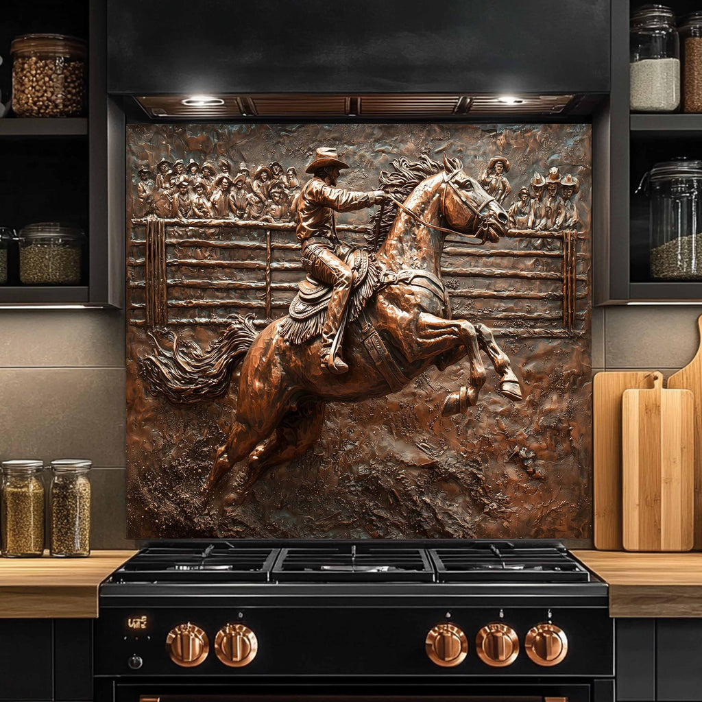 Western Tempered Glass Backsplash for Kitchen | Copper-Look Cowboy & Rodeo Scene