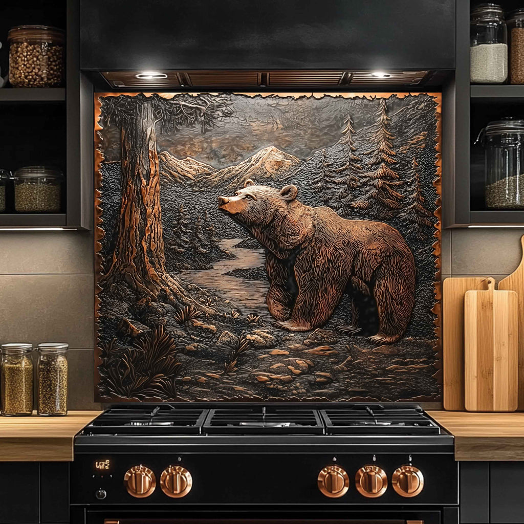 Forest Watch Tempered Glass Backsplash – Copper Bear & River Scene Splashback