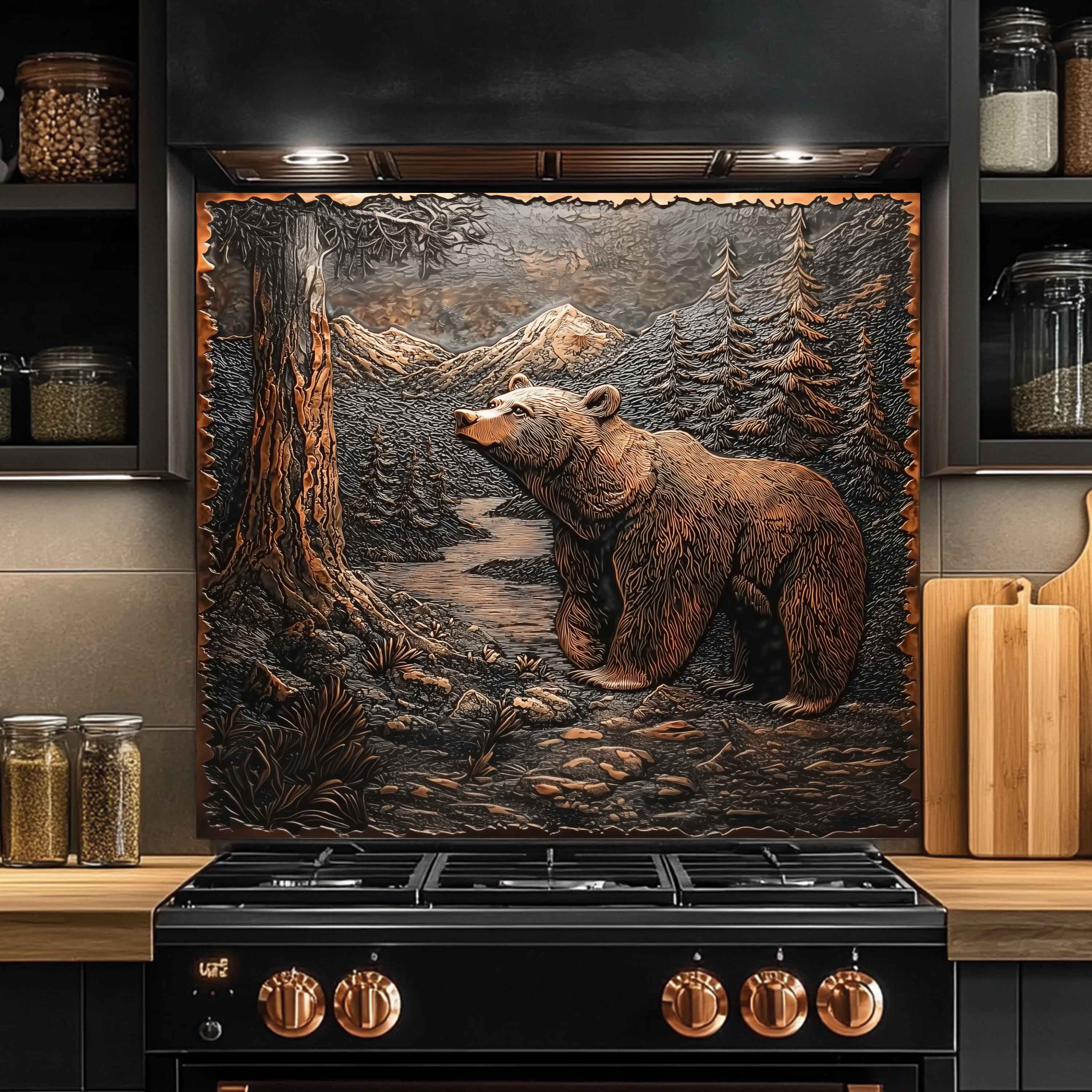 Forest Watch Tempered Glass Backsplash – Copper Bear & River Scene Splashback