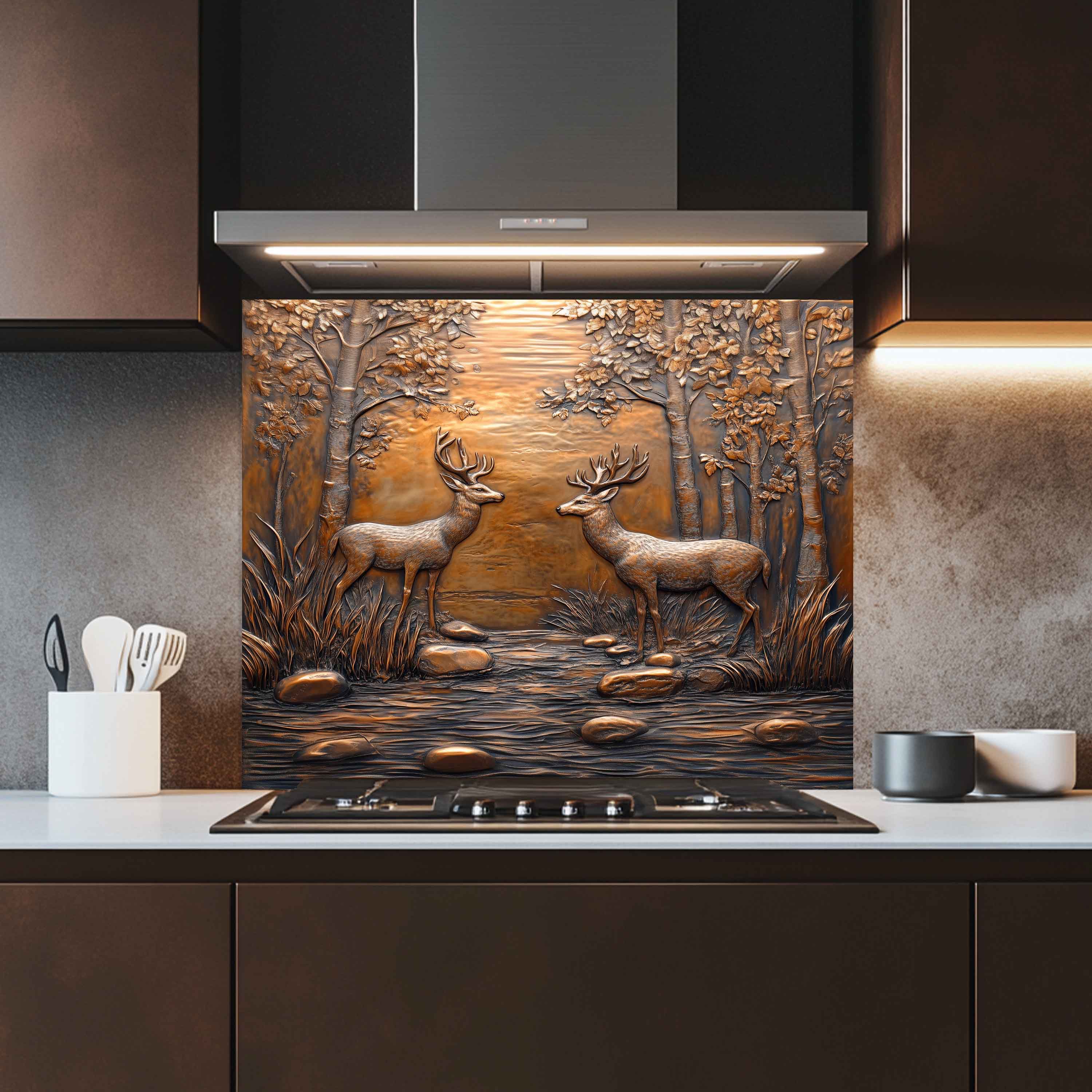 Protector contra salpicaduras de vidrio templado Encuentro en el bosque – Panel protector de cocina con escena de ciervos