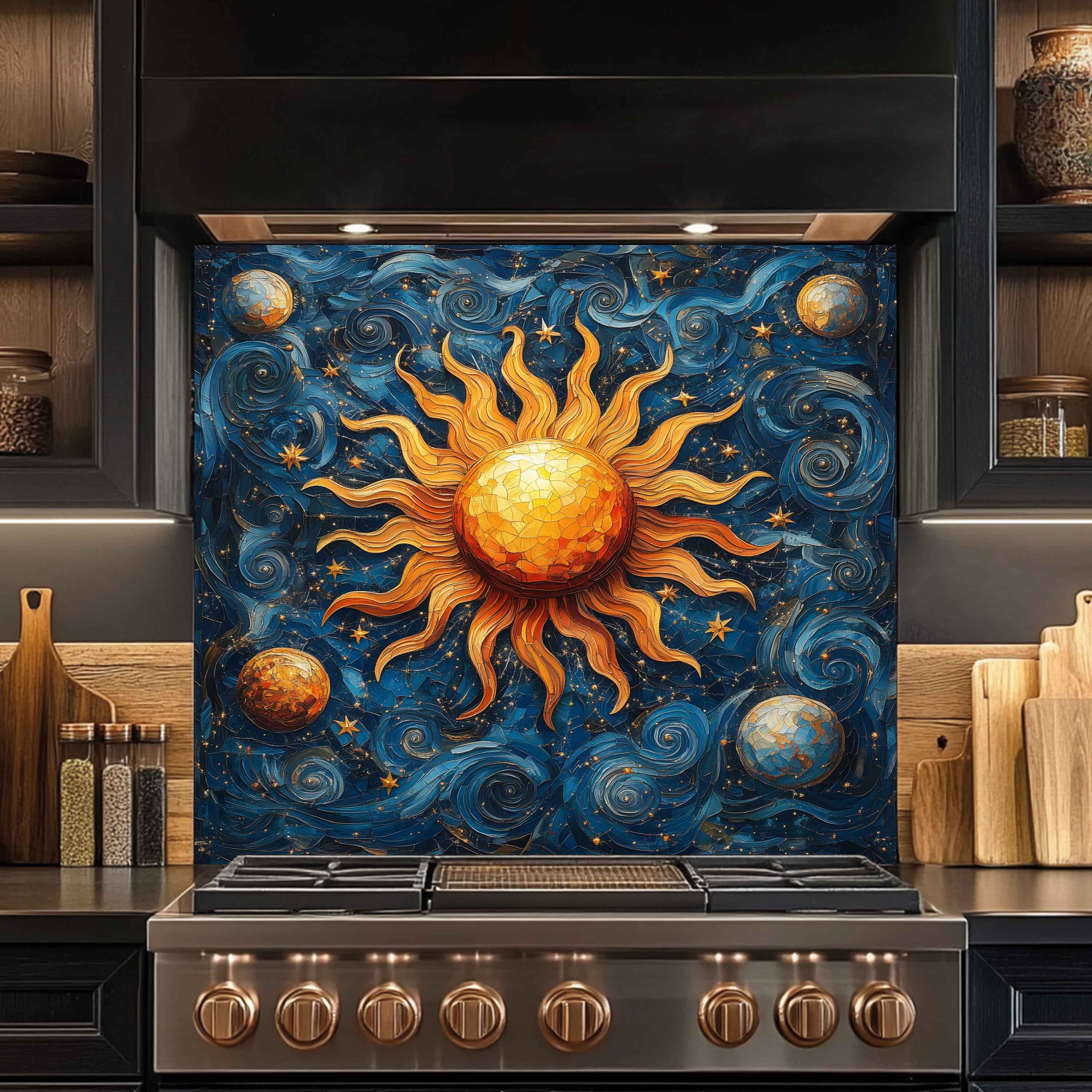 Solar Waltz Tempered Glass Backsplash – Cosmic Sun and Galaxy Kitchen Splashback