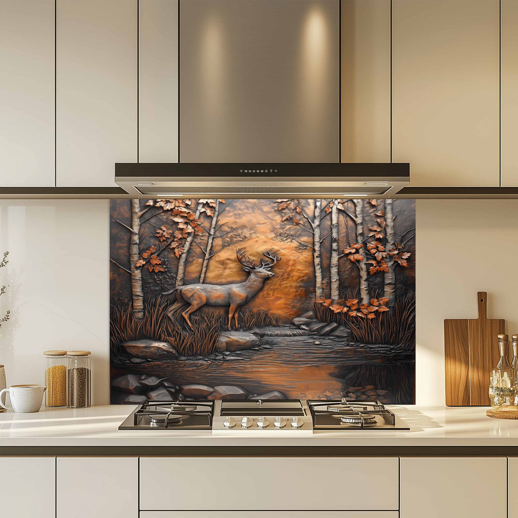 Salpicadero de cristal templado de ciervo otoñal – Salpicadero de cocina con ciervos en el bosque