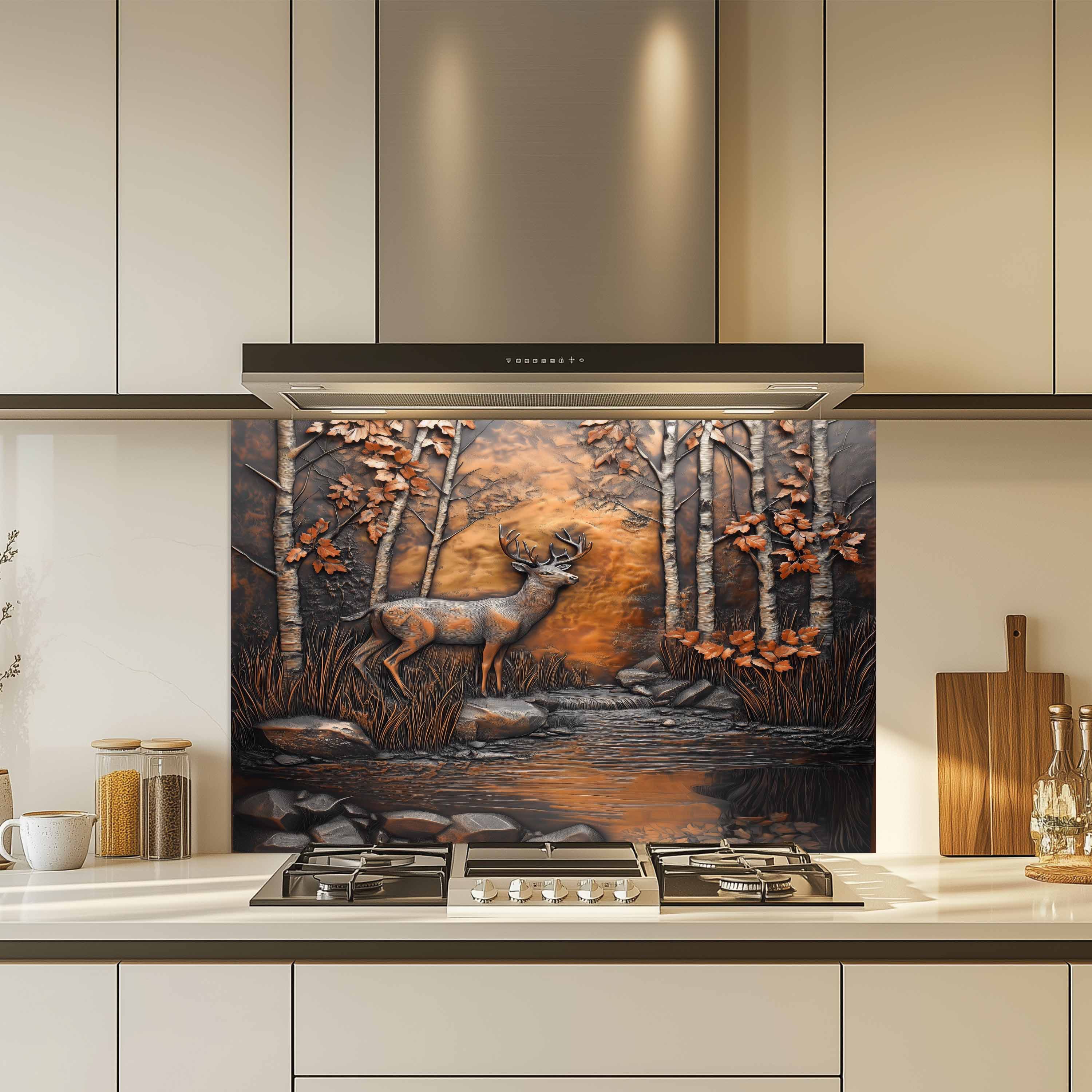 Salpicadero de cristal templado de ciervo otoñal – Salpicadero de cocina con ciervos en el bosque