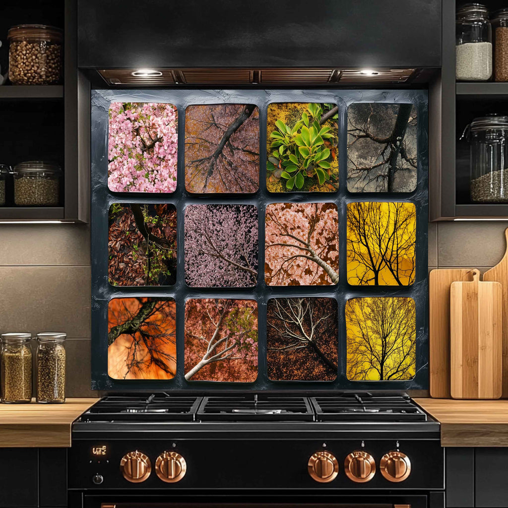 Seasonal Canopy – Protector contra salpicaduras de cristal templado para cocina | Silueta abstracta de árbol floral