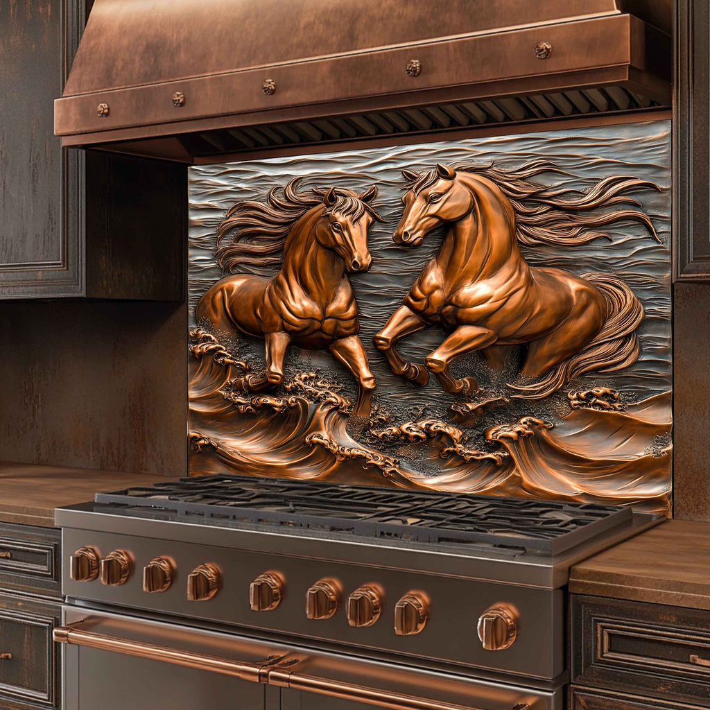 Panel antisalpicaduras de vidrio templado Ocean Stallions – Panel antisalpicaduras de cocina Caballos salvajes