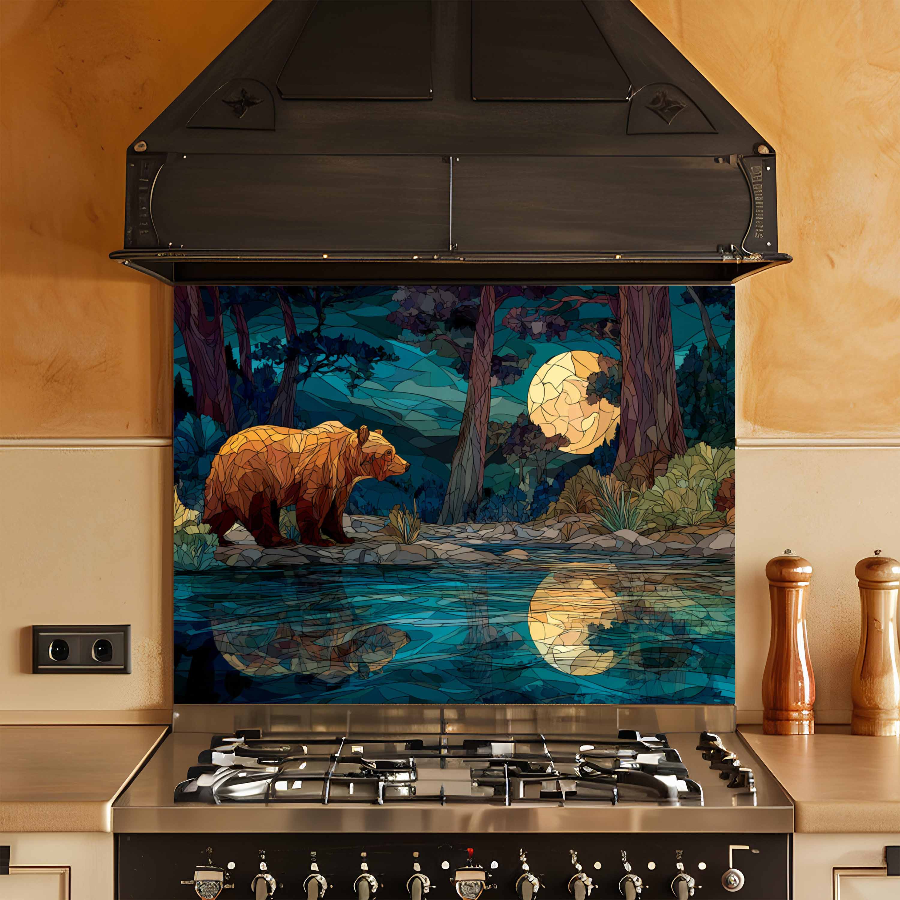 Moonlit Bear – Tempered Glass Backsplash For Forest Cabin Kitchen Style