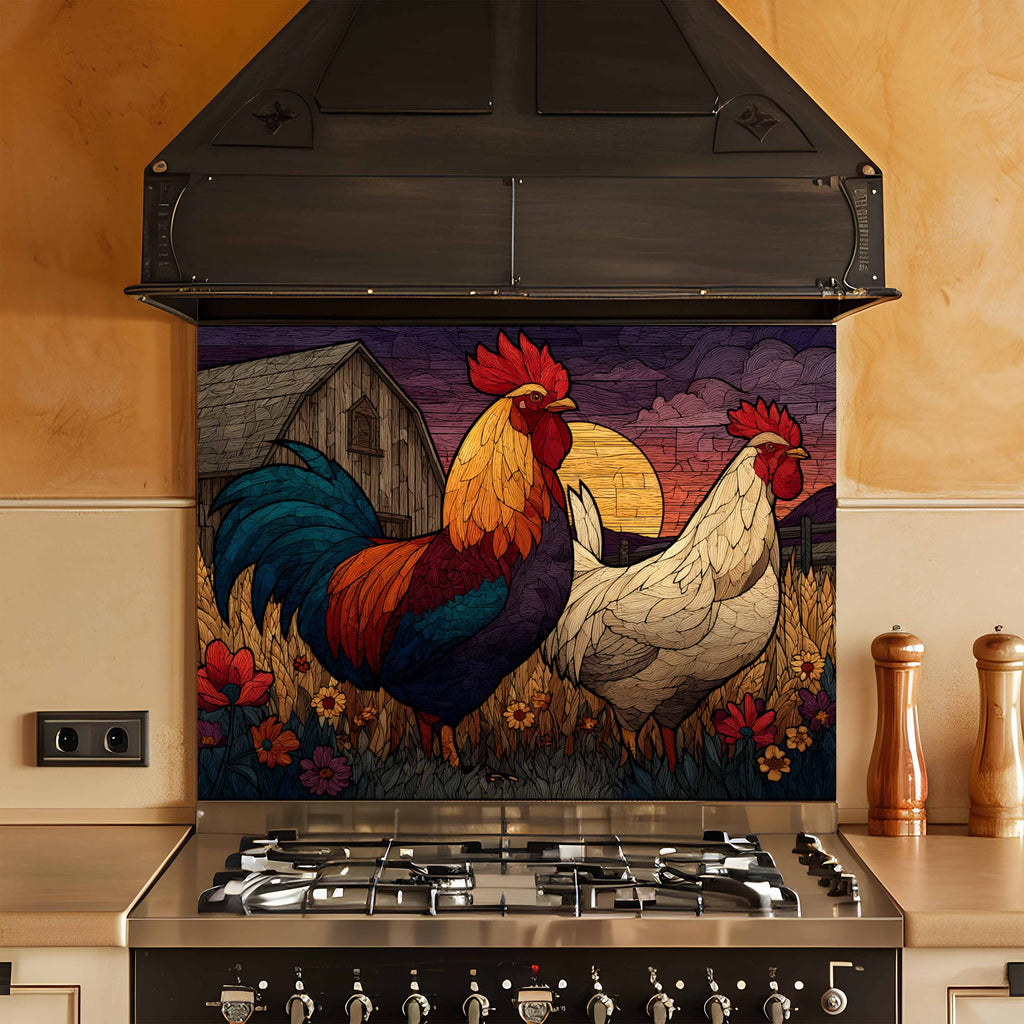 Salpicadero de Vidrio Templado para Cocina | Diseño de Escena de Granja de Gallo y Gallina Rústicos