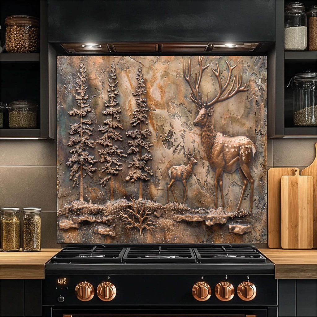 Bronze Elk Scene – Tempered Glass Backsplash for Kitchen | Forest Deer Stove Backsplash