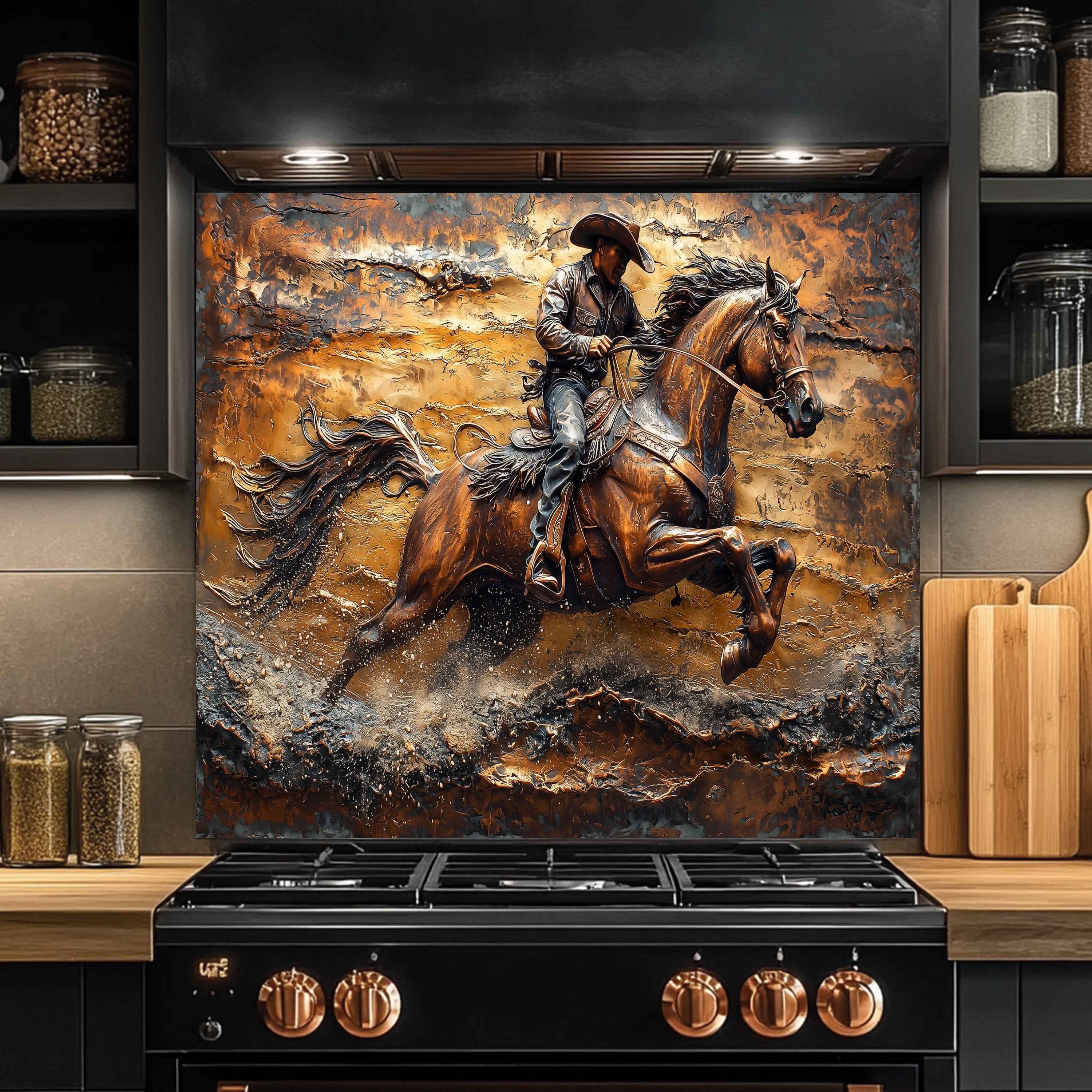 Salpicadero de cristal templado para cocina | Vaquero de aspecto cobrizo galopando en el desierto