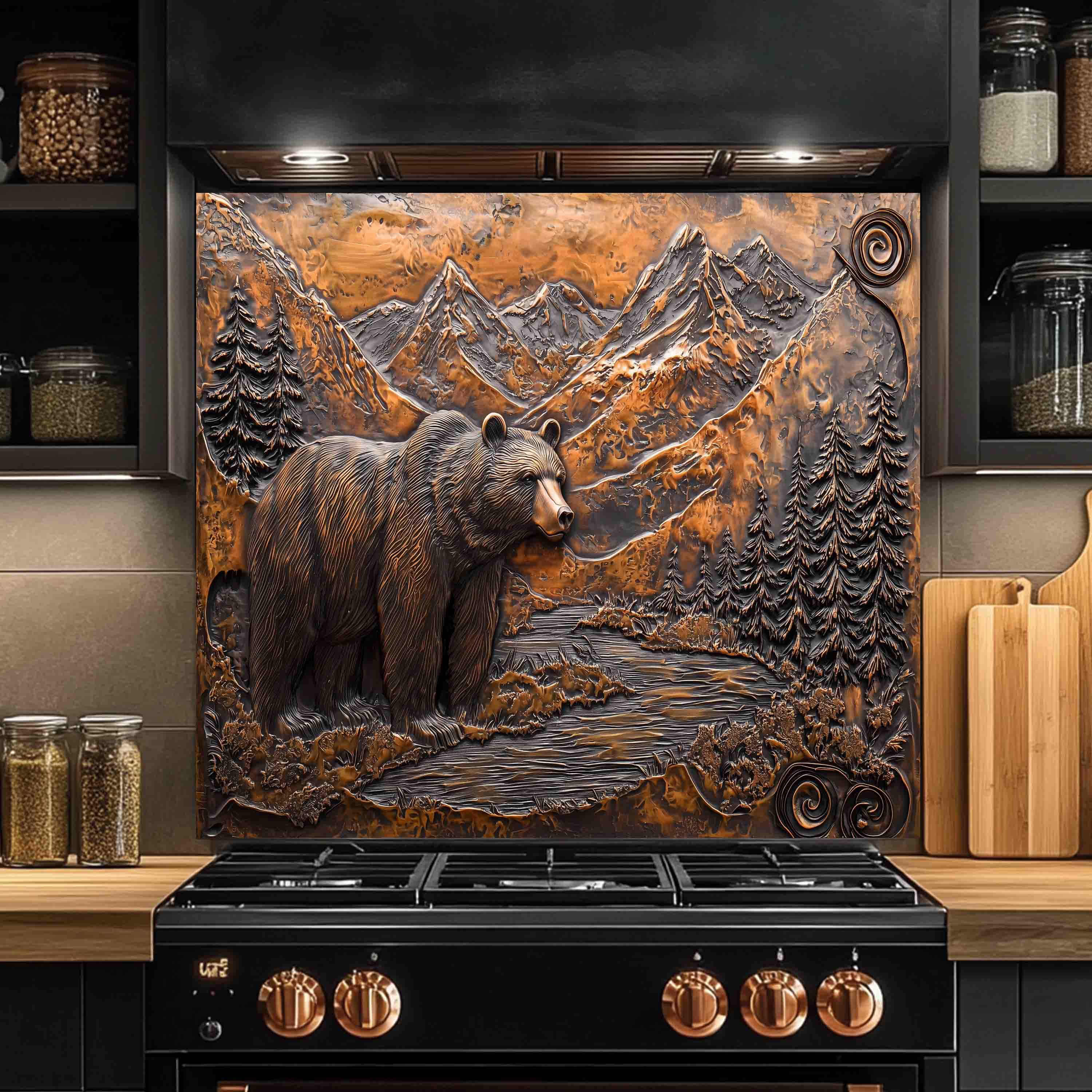 Salpicadero de Cristal Templado Estilo Rústico – Panel de Cocina Oso y Río de Montaña