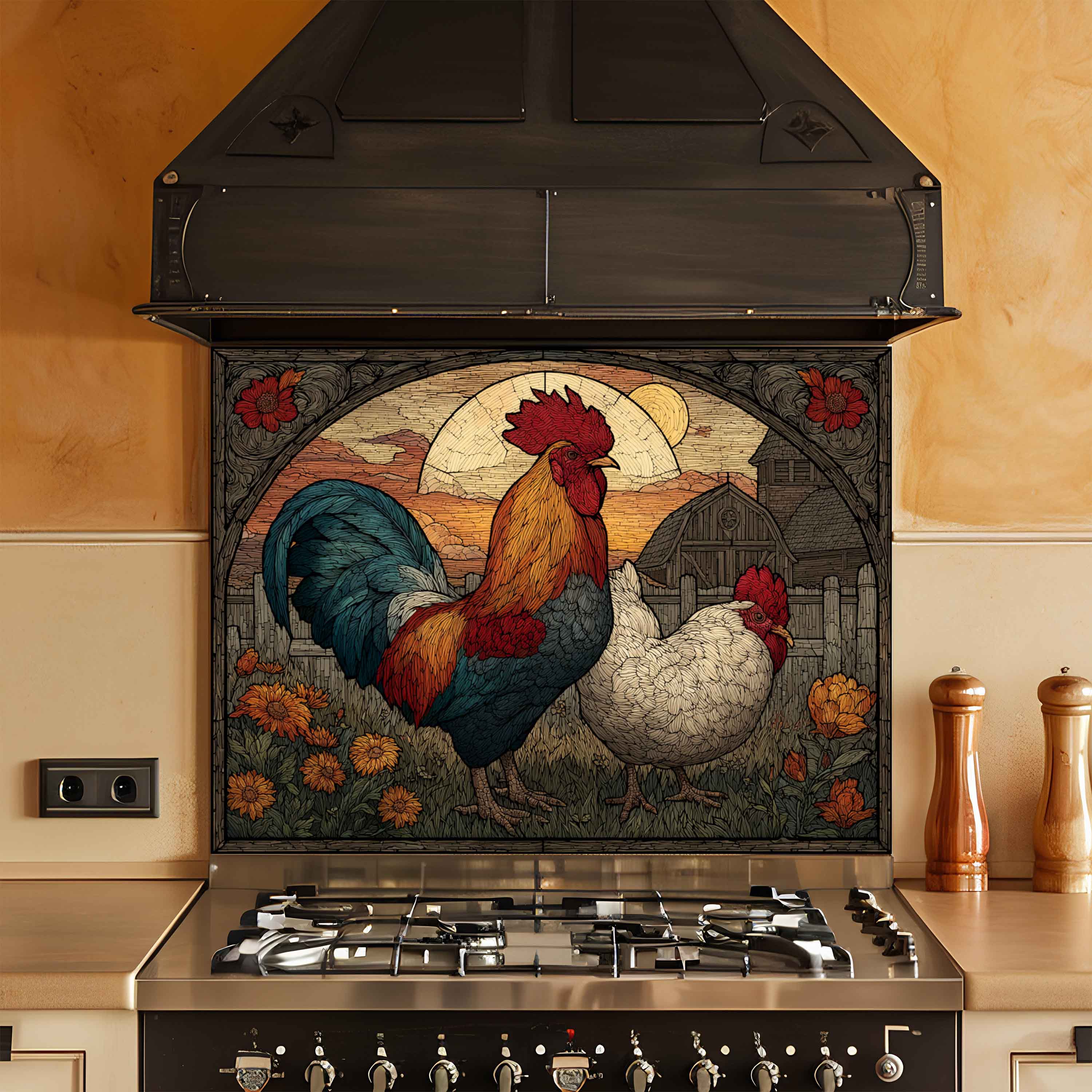 Tempered Glass Backsplash for Kitchen | Vintage Rooster and Hen Farm Design