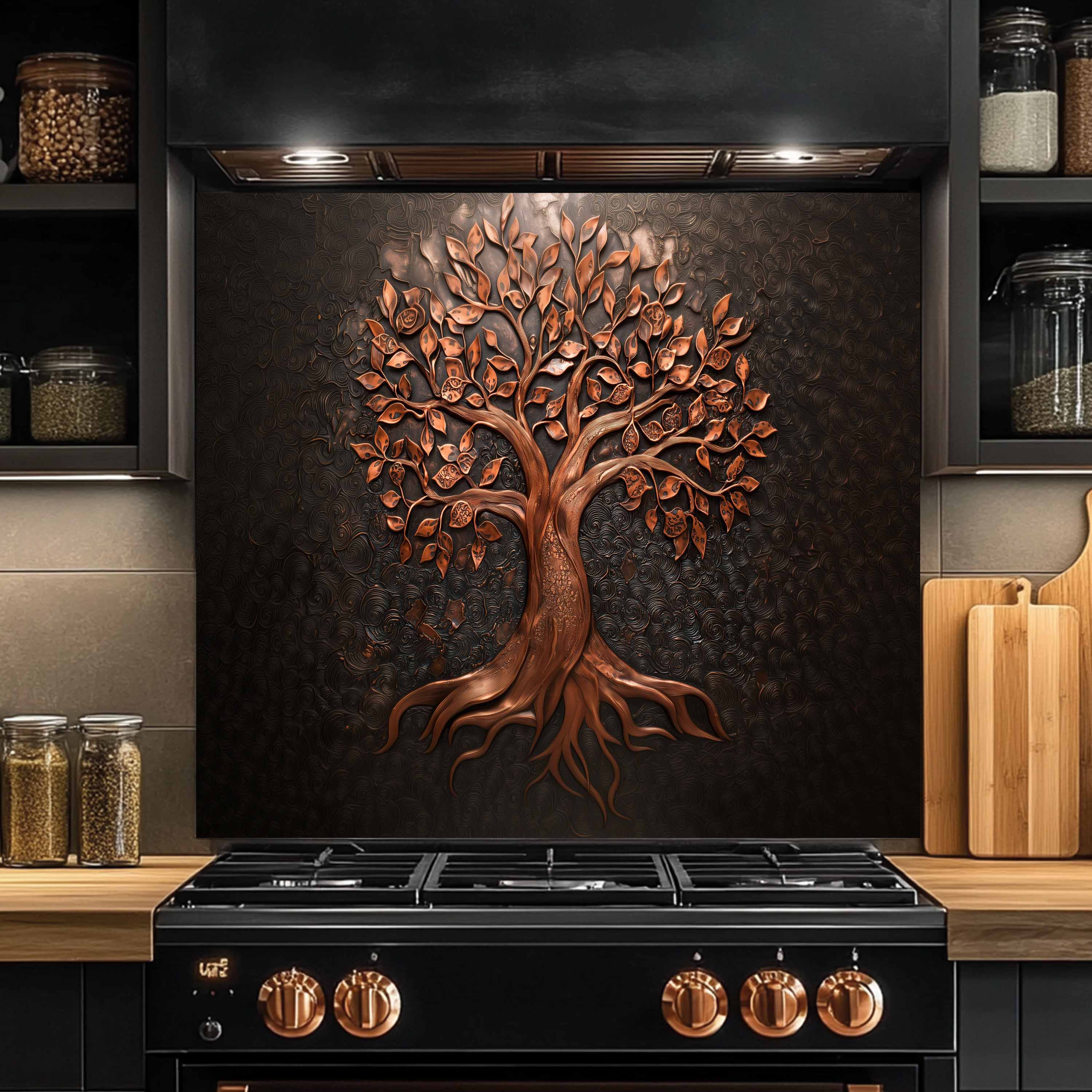 Bronze Tree of Life Tempered Glass Backsplash – Elegant Nature-Inspired Kitchen Art