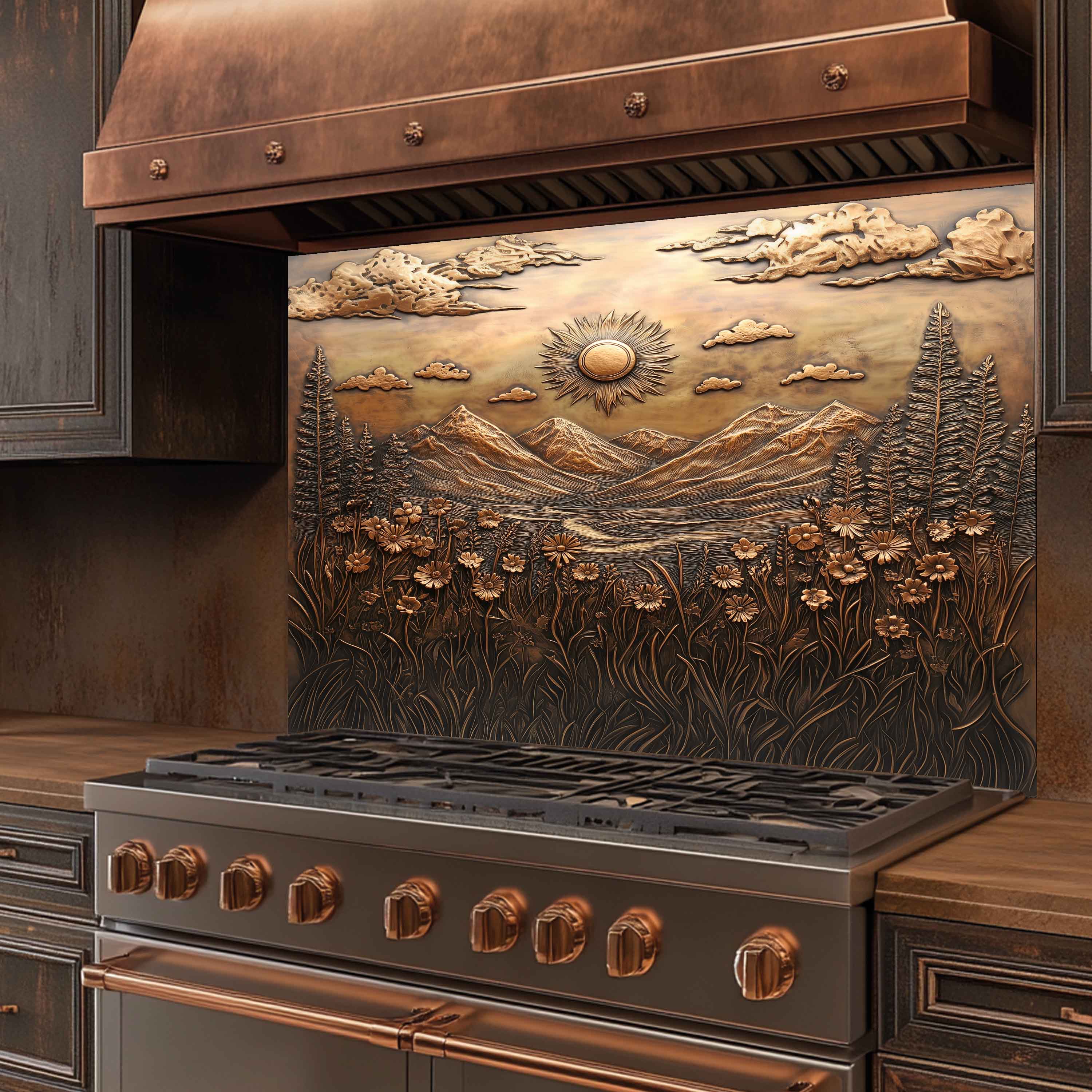 Sunlit Meadow Tempered Glass Backsplash – Floral Mountain Kitchen Backsplash Panel