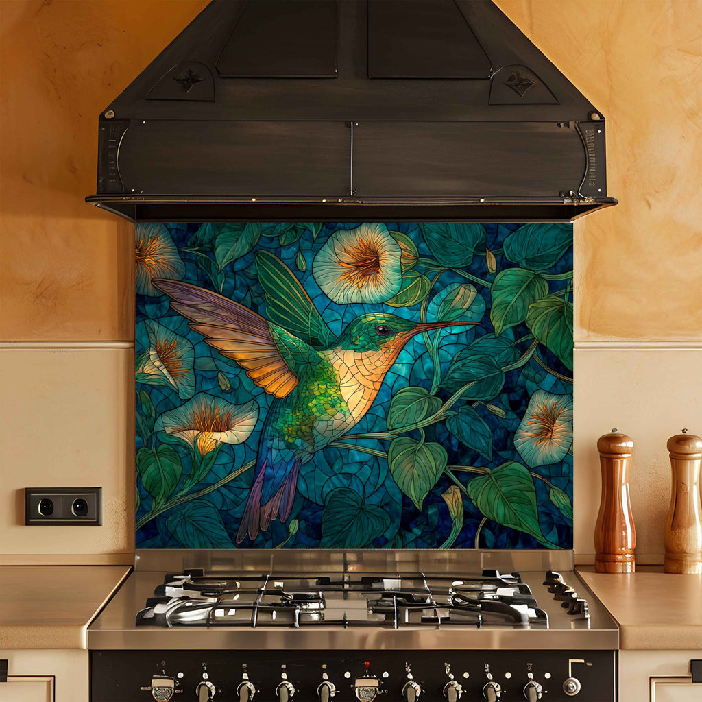 Emerald Flight Kitchen Splashback – Tempered Glass Backsplash with Hummingbird and Floral Vines