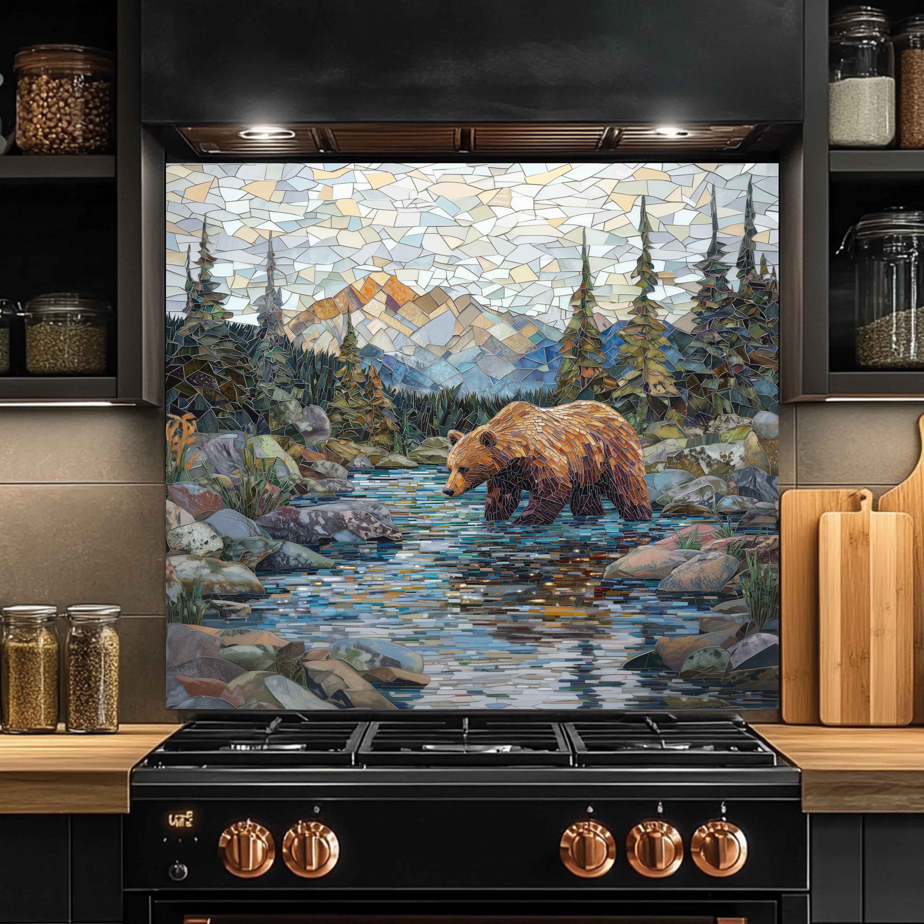 Mosaic Look Creek Tempered Glass Backsplash – Artistic Bear & River Scene