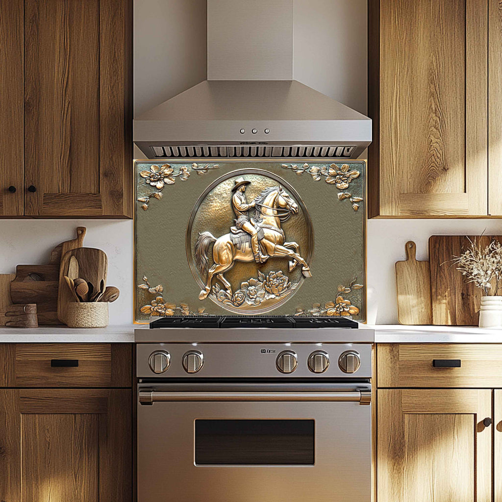 Salpicadura de vidrio templado Cobre Rider – Salpicadero de cocina vaquero del oeste