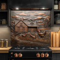 Copper Look Tempered Glass Backsplash for Kitchen | Rustic Cabin, Rooster & Windmill Design