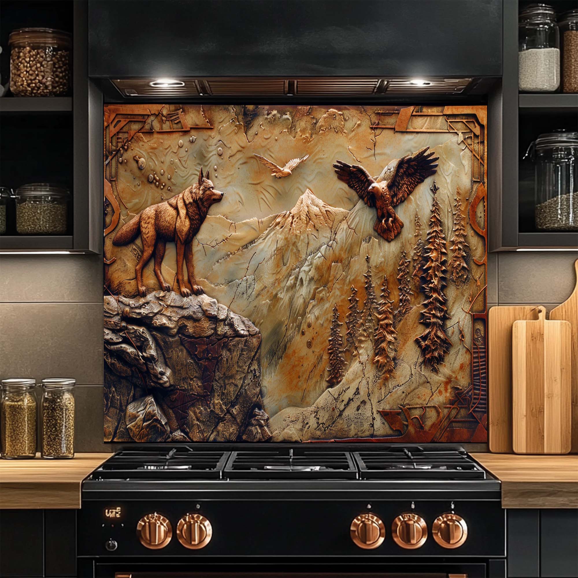 Águila Lobo – Salpicadero de cristal templado para cocina | Salpicadero bronceado con lobo y montaña