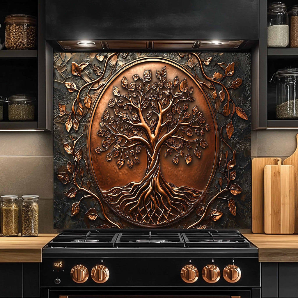 Protector contra salpicaduras de cocina personalizado – Árbol con aspecto de cobre Protector de salpicaduras para estufa de vidrio templado